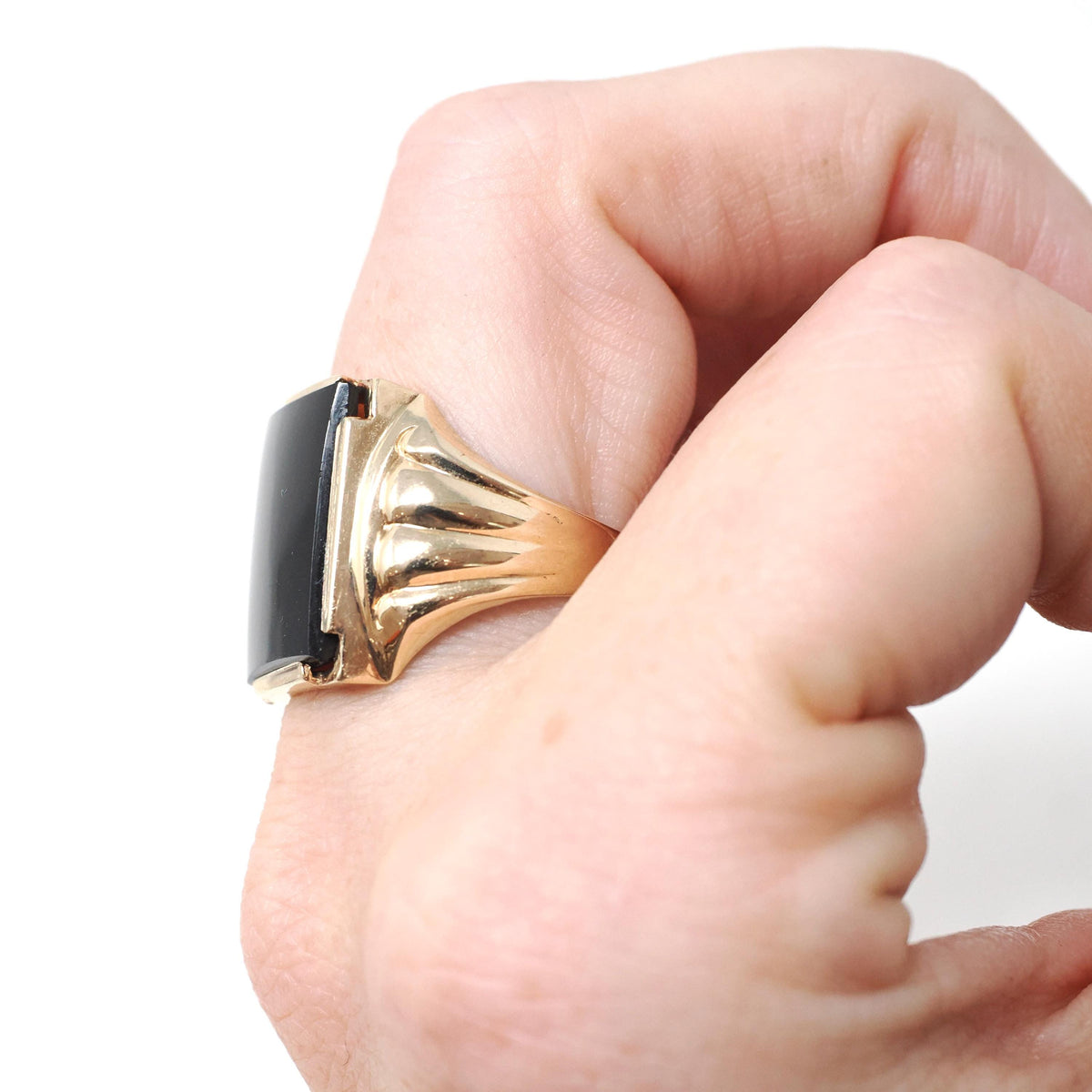 Vintage Onyx Ring - Mid Century 10k Yellow Gold Black Rectangle Gemstone - Circa 1950s Era Size 8 1/4 Men's Unisex Fine Statement Jewelry