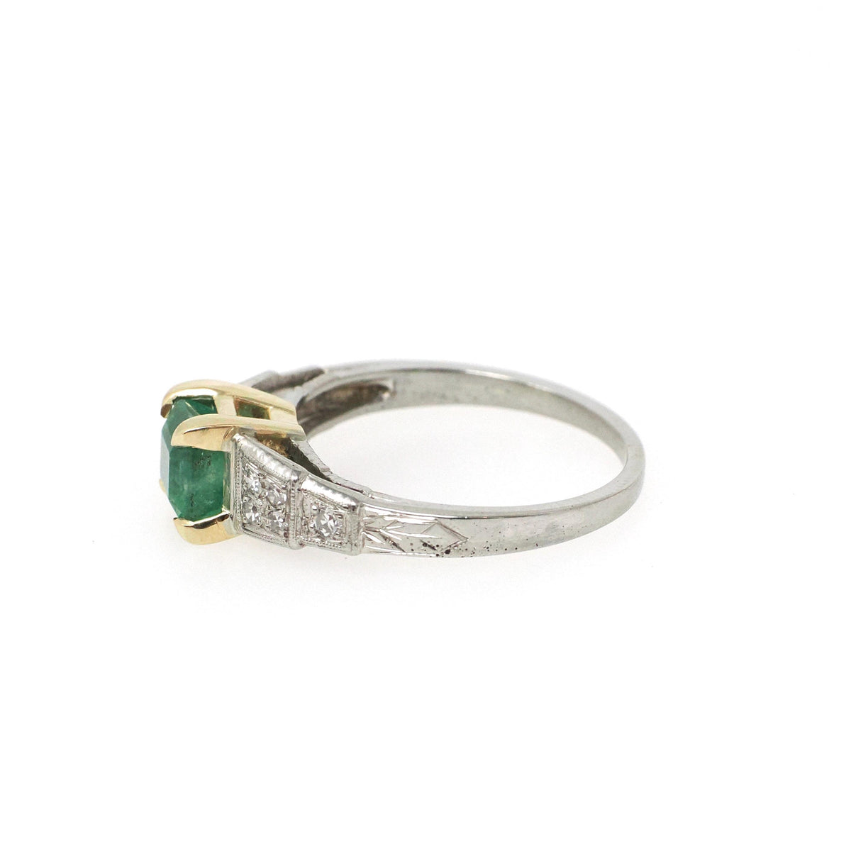 Emerald Engagement Ring - Art Deco 14k Yellow Gold & Platinum Natural Green Gemstone Diamond Accents - Circa Size 6.75 Fine Two Tone Jewelry