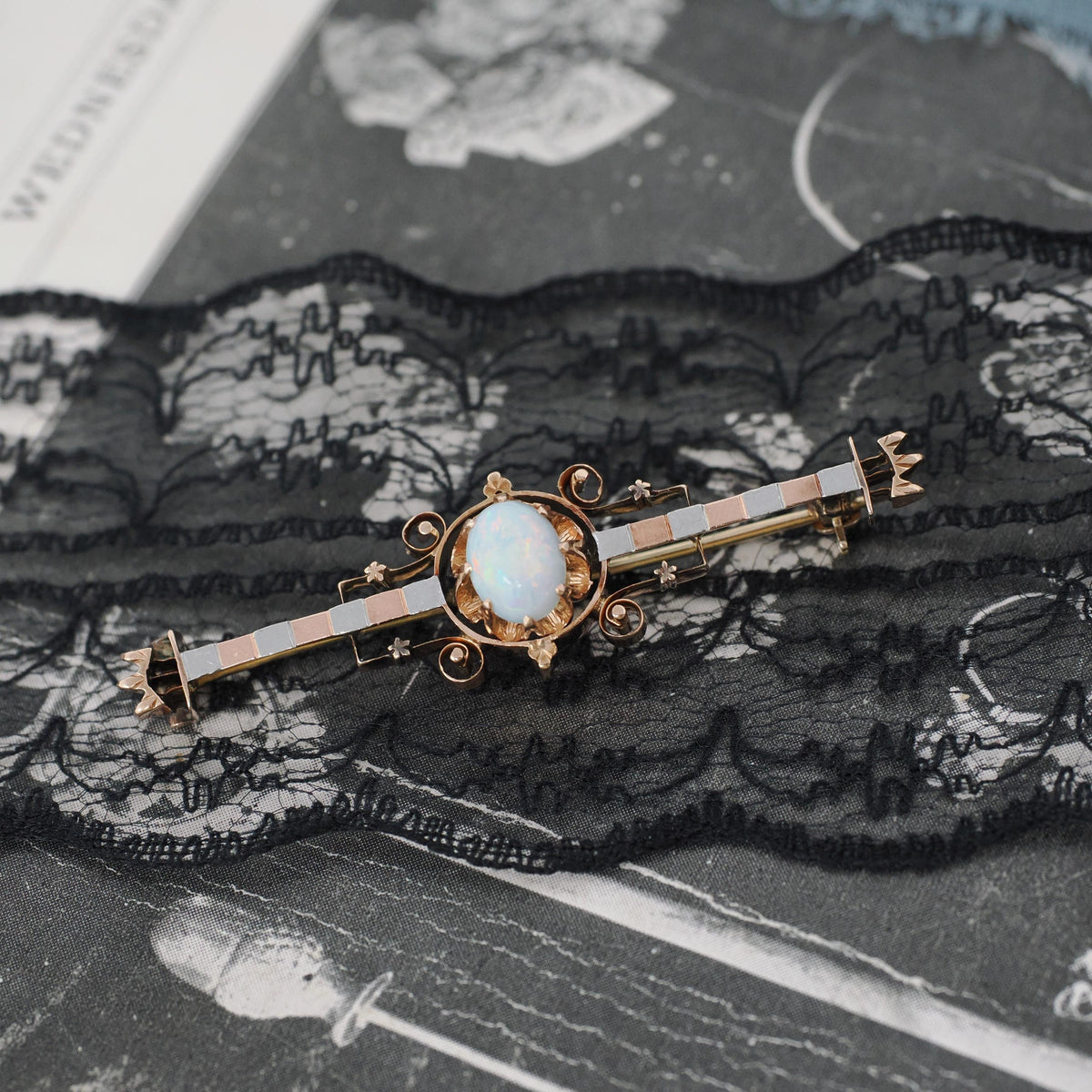 Opal Bar Pin - Victorian 14k Rose & White Gold Cabochon Stone Brooch - Antique Circa 1890s Era Dainty Gemstone Statement Fine Accessory
