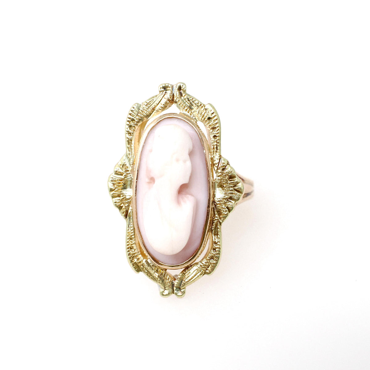 Art Nouveau Cameo Ring - Edwardian 10k Yellow Gold Carved Oval Coral Woman Profile - Circa 1910s Size 5 1/4 Shield Fine Statement Jewelry