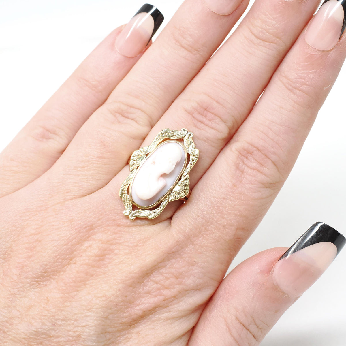 Art Nouveau Cameo Ring - Edwardian 10k Yellow Gold Carved Oval Coral Woman Profile - Circa 1910s Size 5 1/4 Shield Fine Statement Jewelry