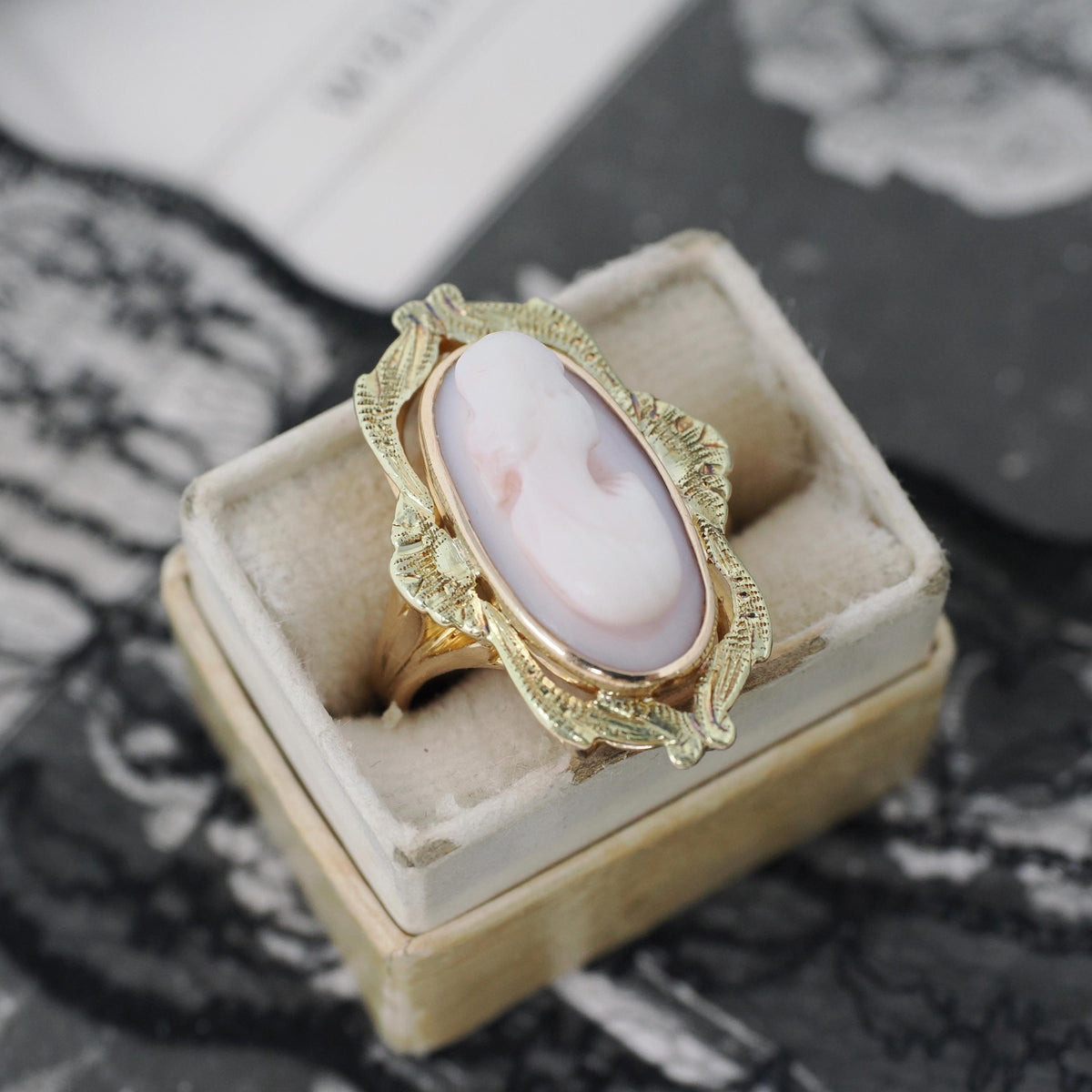 Art Nouveau Cameo Ring - Edwardian 10k Yellow Gold Carved Oval Coral Woman Profile - Circa 1910s Size 5 1/4 Shield Fine Statement Jewelry