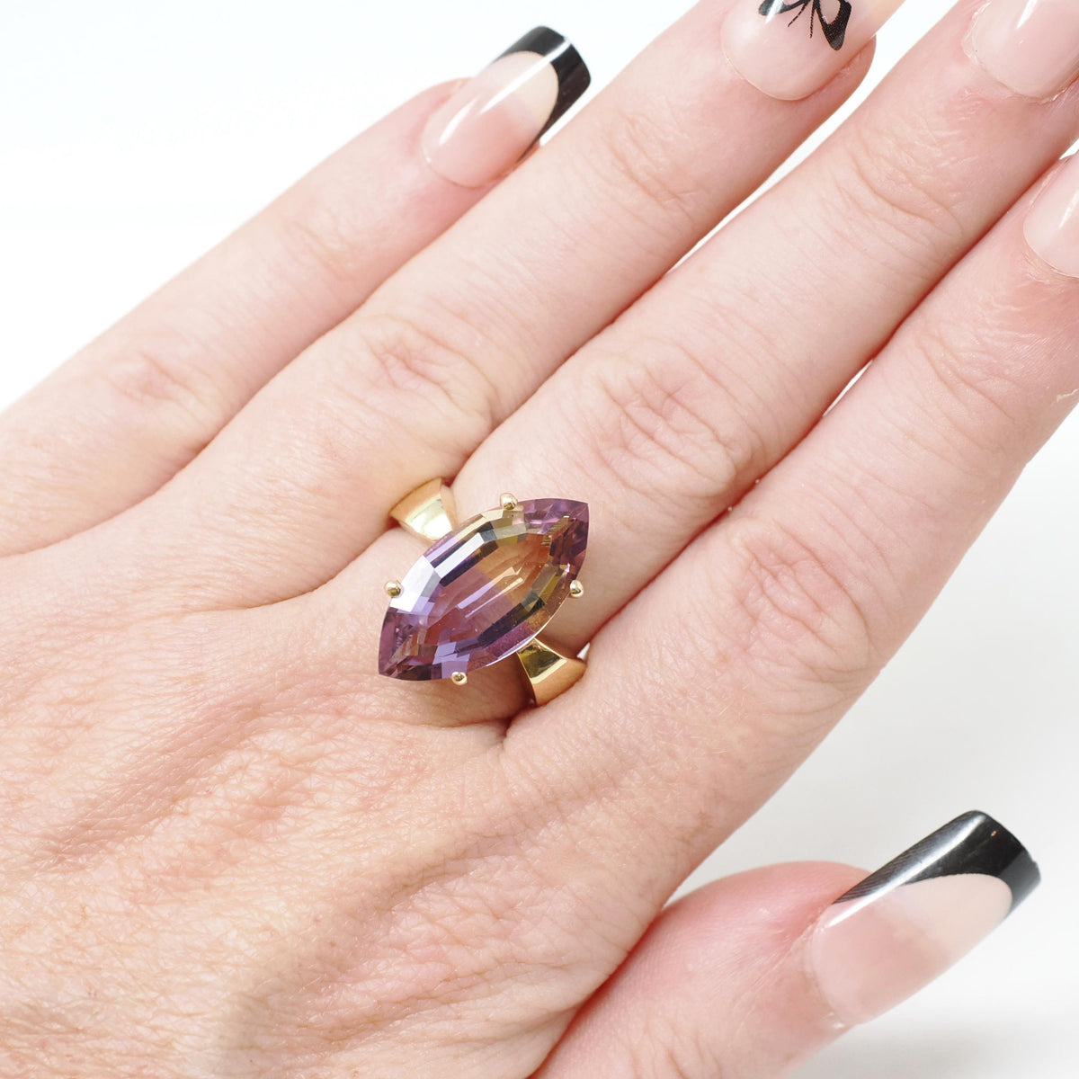 Modern Ametrine Ring - 14k Yellow Gold Purple Yellow 4.75 CT Bicolor Marquise Gemstone Solitaire - Circa 2000s Era Size 6 1/4 Fine Jewelry