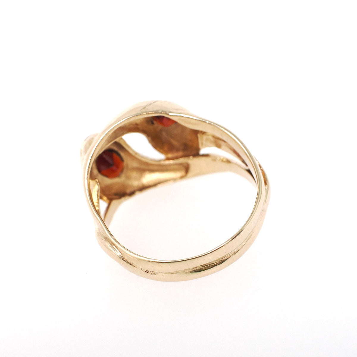 Vintage Double Snake Ring - Modernist 9k Two Red Glass Serpent Band - Circa 1970s Era Size 6 1/4 Coiled Animal Symbolic Cobra Fine Jewelry