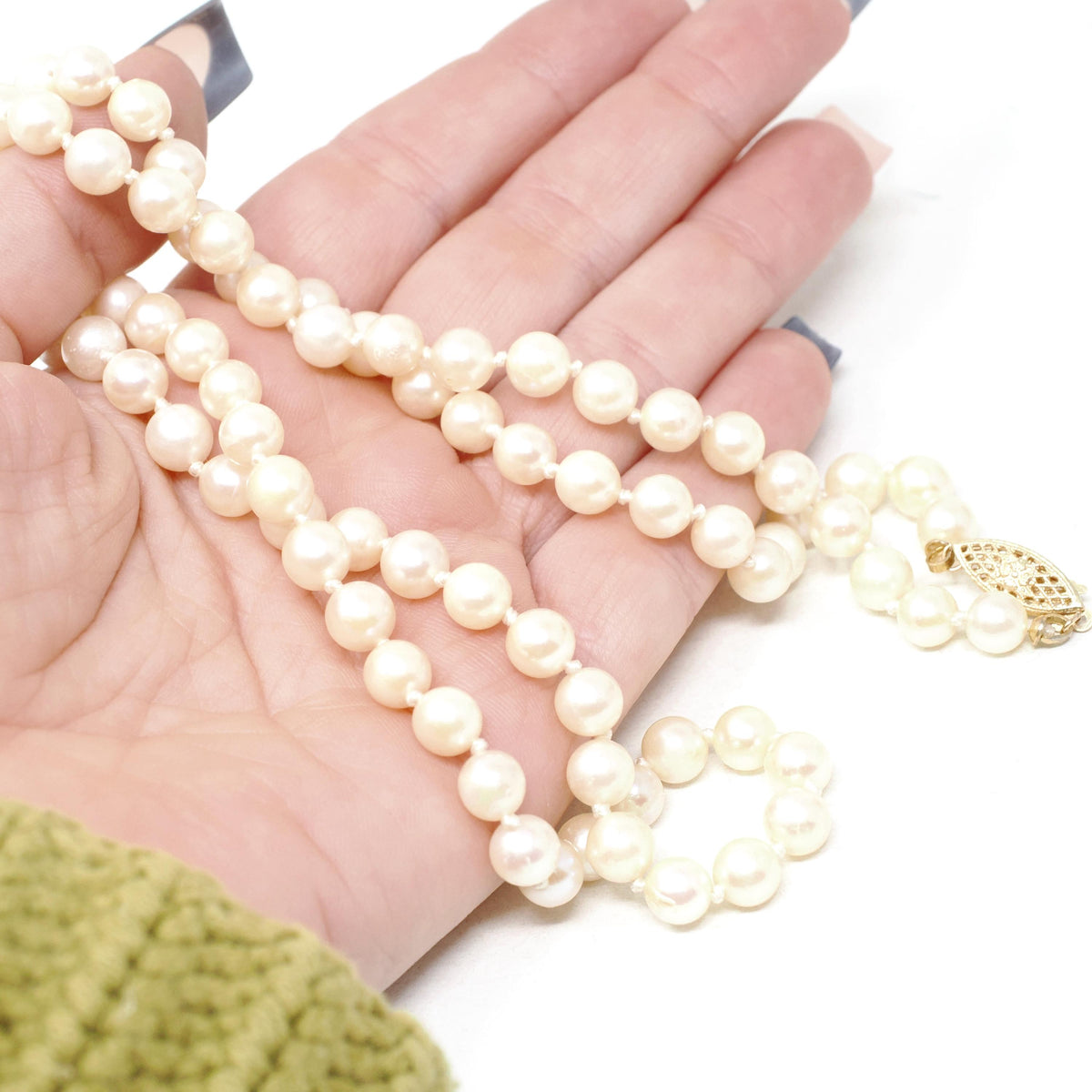 Cultured Pearl Necklace - Contemporary 14k Yellow Gold Fish Hook Clasp Knotted Strand - Estate Circa 1990s Organic Gem 24" Inch 90s Jewelry