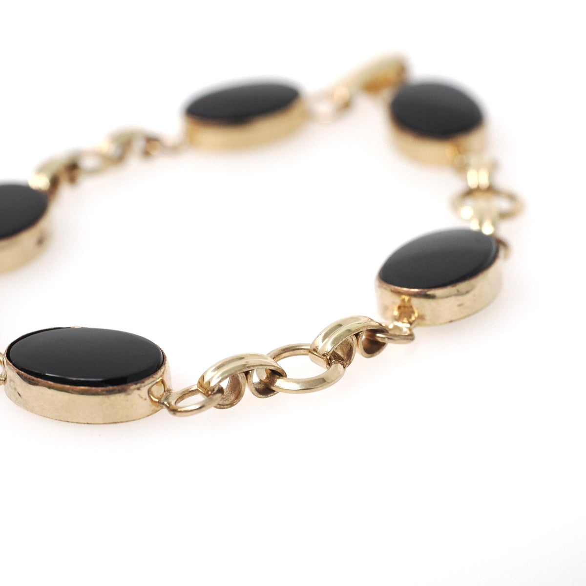 Simulated Onyx Bracelet - Mid Century 12k Gold Filled Oval Black Glass Stones - Circa 1960s Era 7 1/4 Inches Statement Accessory 60s Jewelry