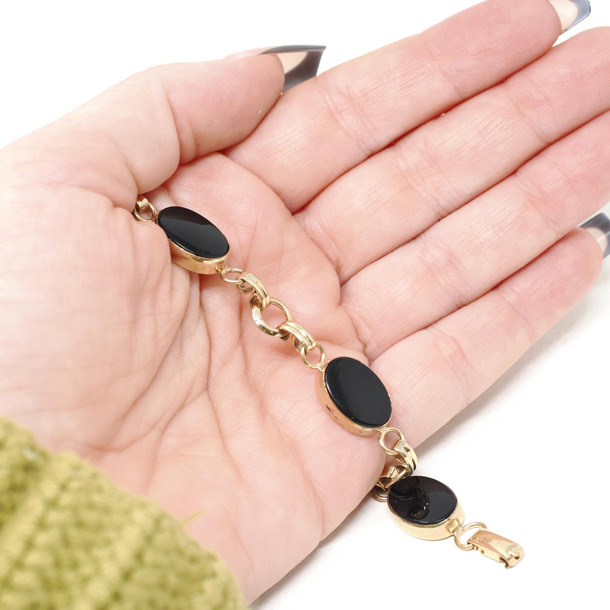 Simulated Onyx Bracelet - Mid Century 12k Gold Filled Oval Black Glass Stones - Circa 1960s Era 7 1/4 Inches Statement Accessory 60s Jewelry