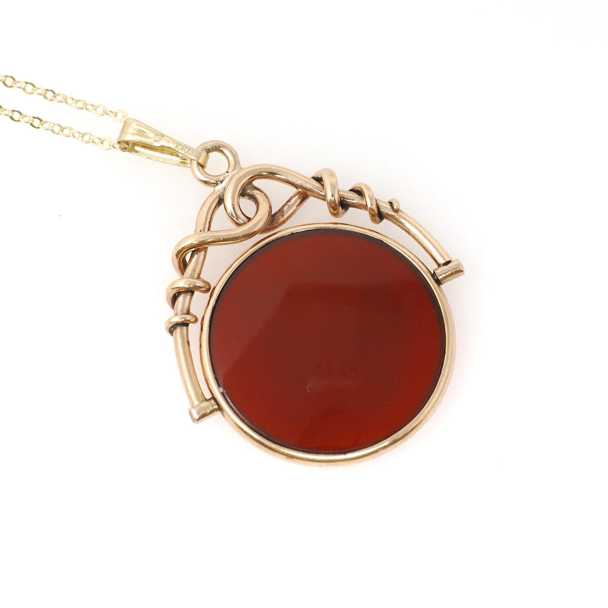 Antique Intaglio Pendant - Edwardian 10k Yellow Gold Carved Natural Carnelian Gem Necklace - Vintage Circa 1900s Era Warrior Fob Jewelry