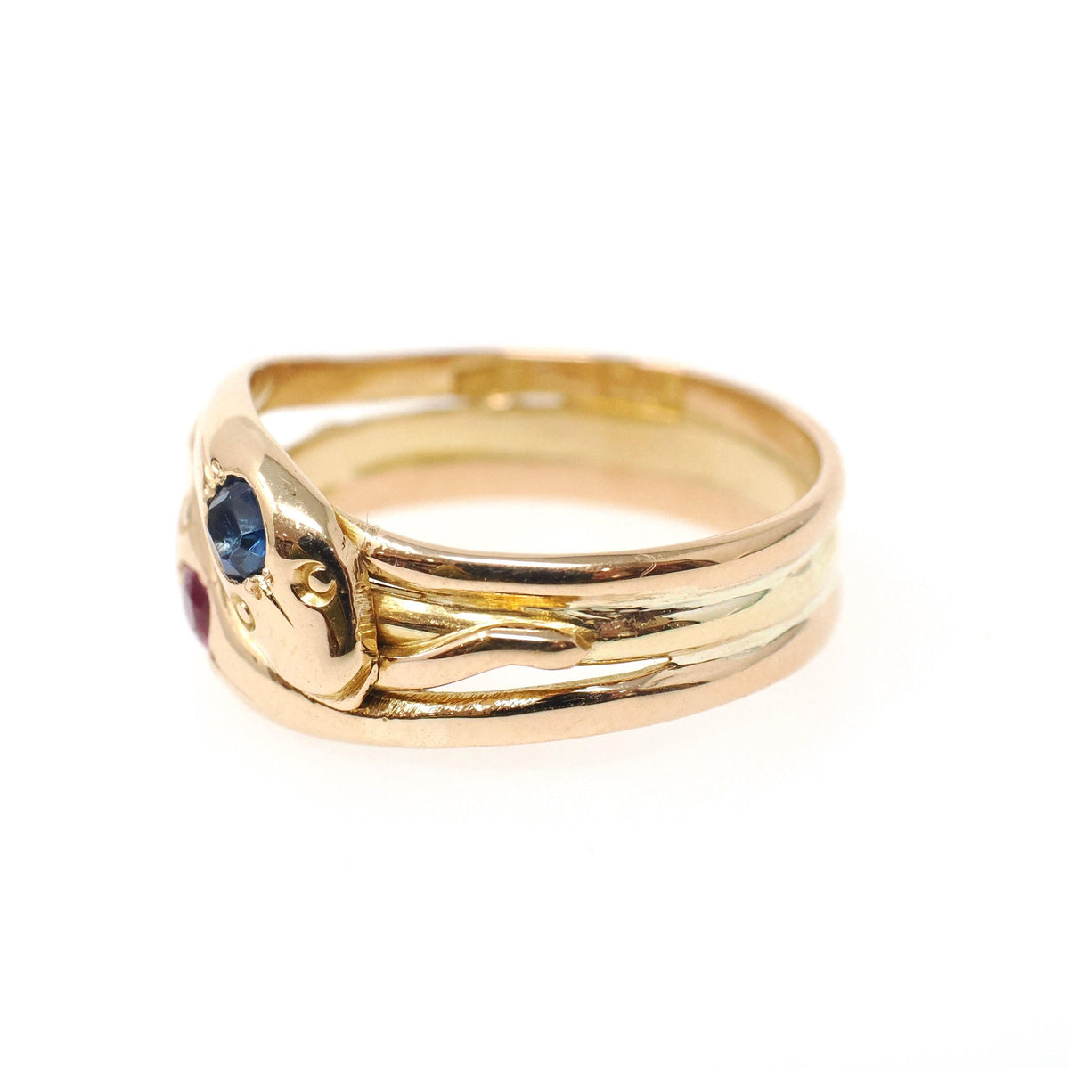 Antique Double Snake Ring - Edwardian Era 18k Gold Serpent Handmade Natural Blue Synthetic Pink Sapphire - Circa 1910s Size 8 Fine Jewelry