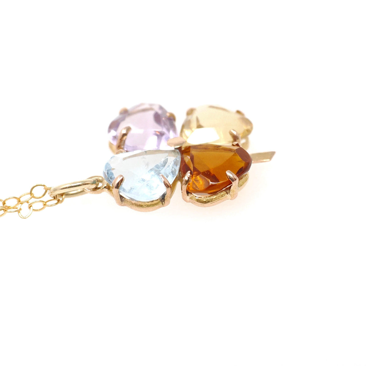 Multi Gemstone Charm - Contemporary 14k Yellow Gold Aquamarine Citrine & Amethyst Clover Necklace - Circa 1990s Era Fine Statement Jewelry