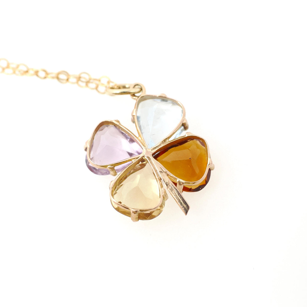 Multi Gemstone Charm - Contemporary 14k Yellow Gold Aquamarine Citrine & Amethyst Clover Necklace - Circa 1990s Era Fine Statement Jewelry