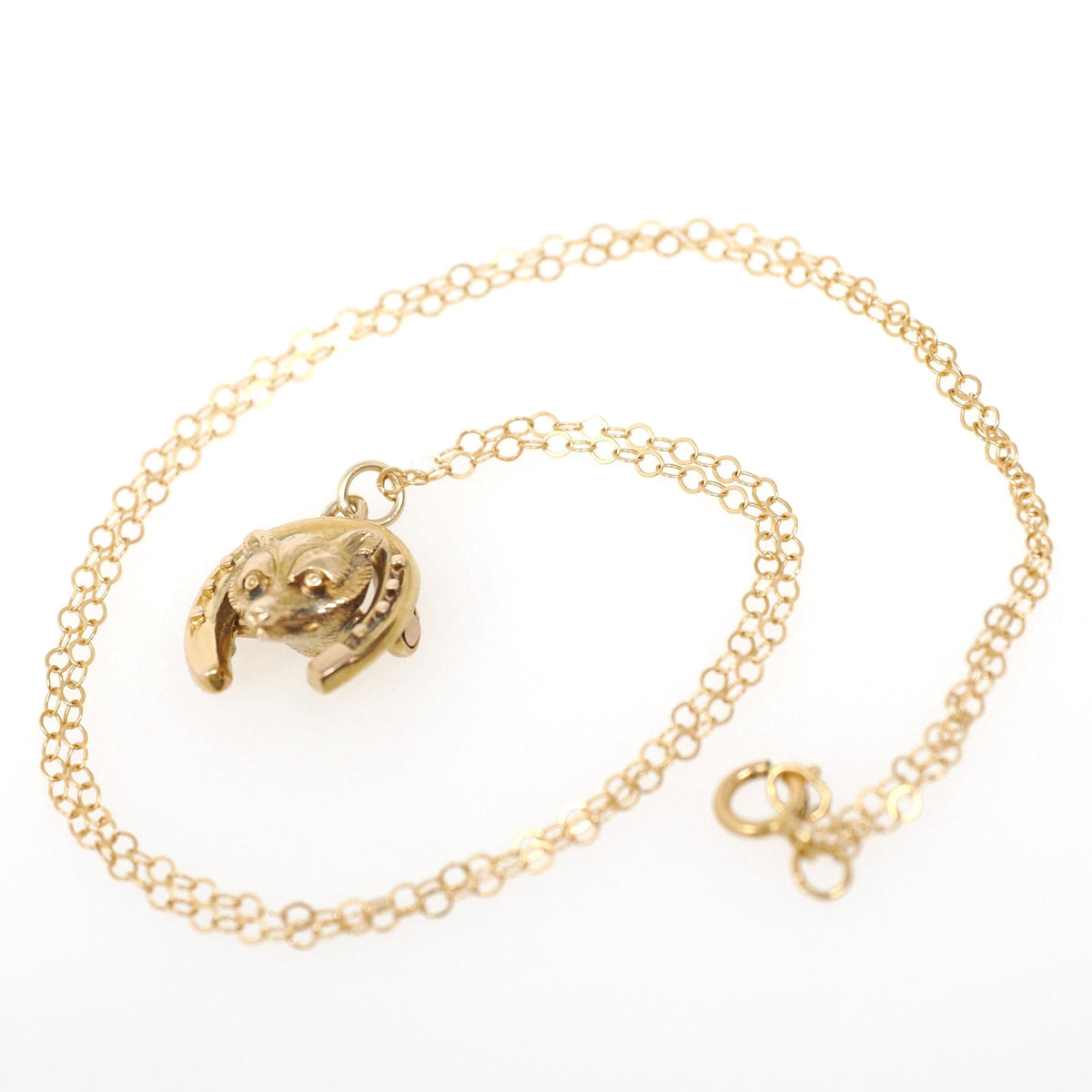 Antique Fox Necklace - Victorian 15k Yellow Gold Horseshoe & Animal Pendant - Circa 1890s Era Good Luck Charm Fine Statement Jewelry