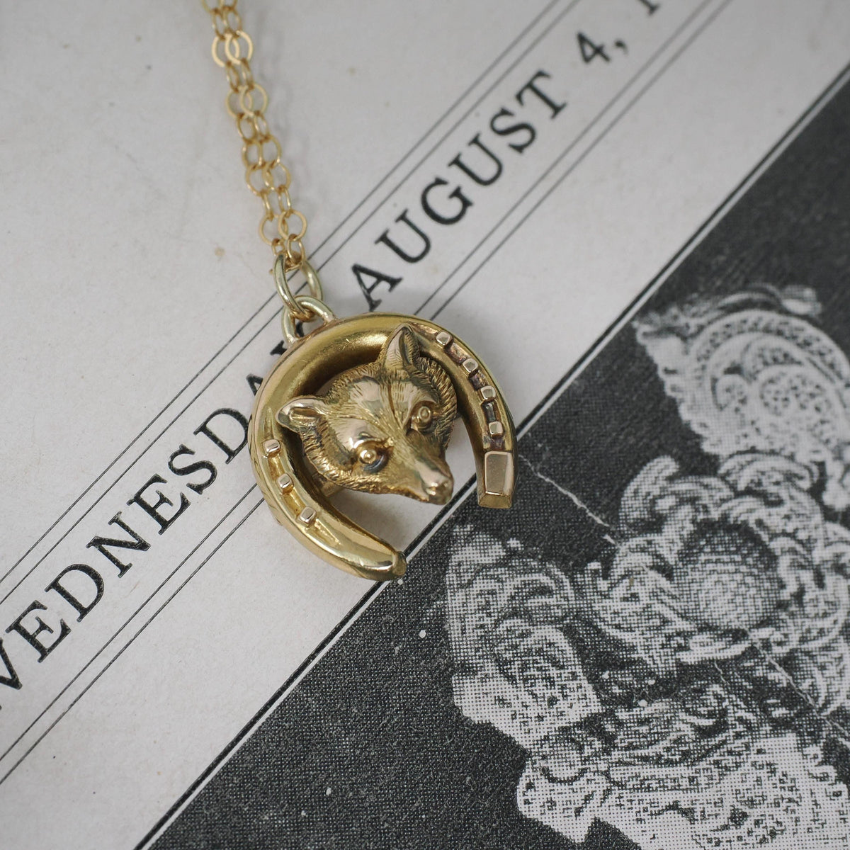 Antique Fox Necklace - Victorian 15k Yellow Gold Horseshoe & Animal Pendant - Circa 1890s Era Good Luck Charm Fine Statement Jewelry