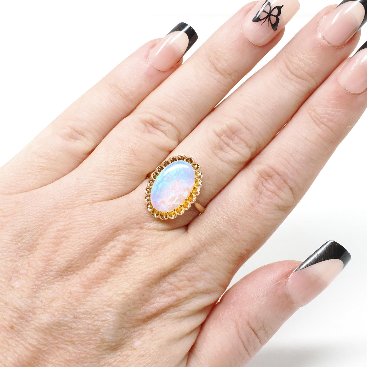 Vintage Opal Ring - Mid Century 18k Yellow Gold Cabochon 1.83 CT Gemstone - Circa 1960s Era Size 7 Fine Statement October Birthstone Jewelry