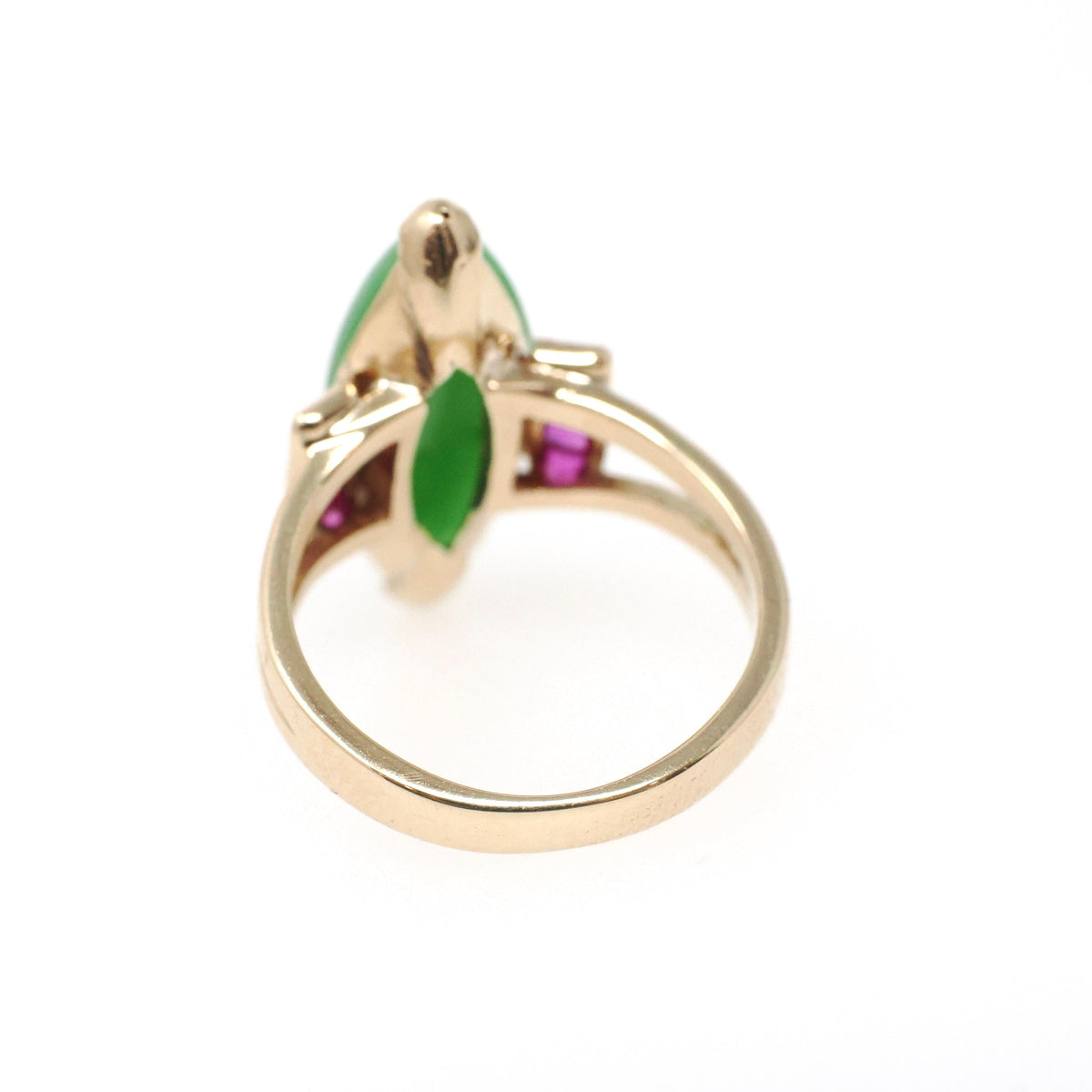 Vintage Jadeite Ring - Modernist 14k Yellow Gold Marquise Cut Natural Green Gemstone - Circa 1970s Era Size 4 Ruby Accent Fine Jewelry