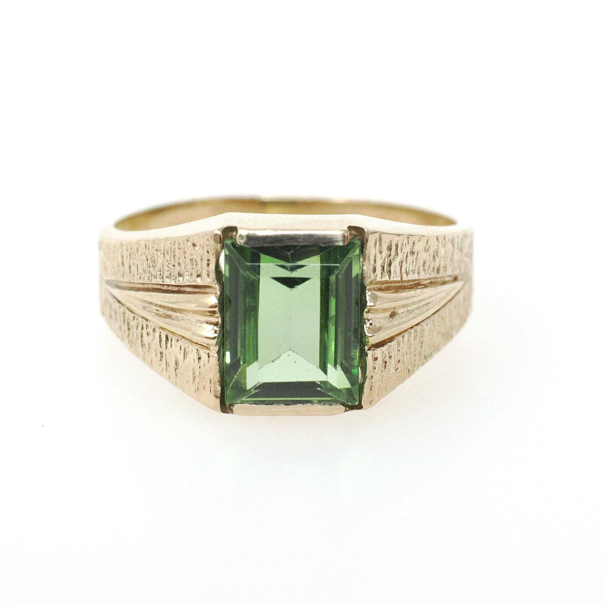 Spinel Triplet Ring - Modernist 10k Yellow Gold Green Synthetic Stone - Vintage Circa 1960s Era Size 7.25 Textured Style Fine Jewelry