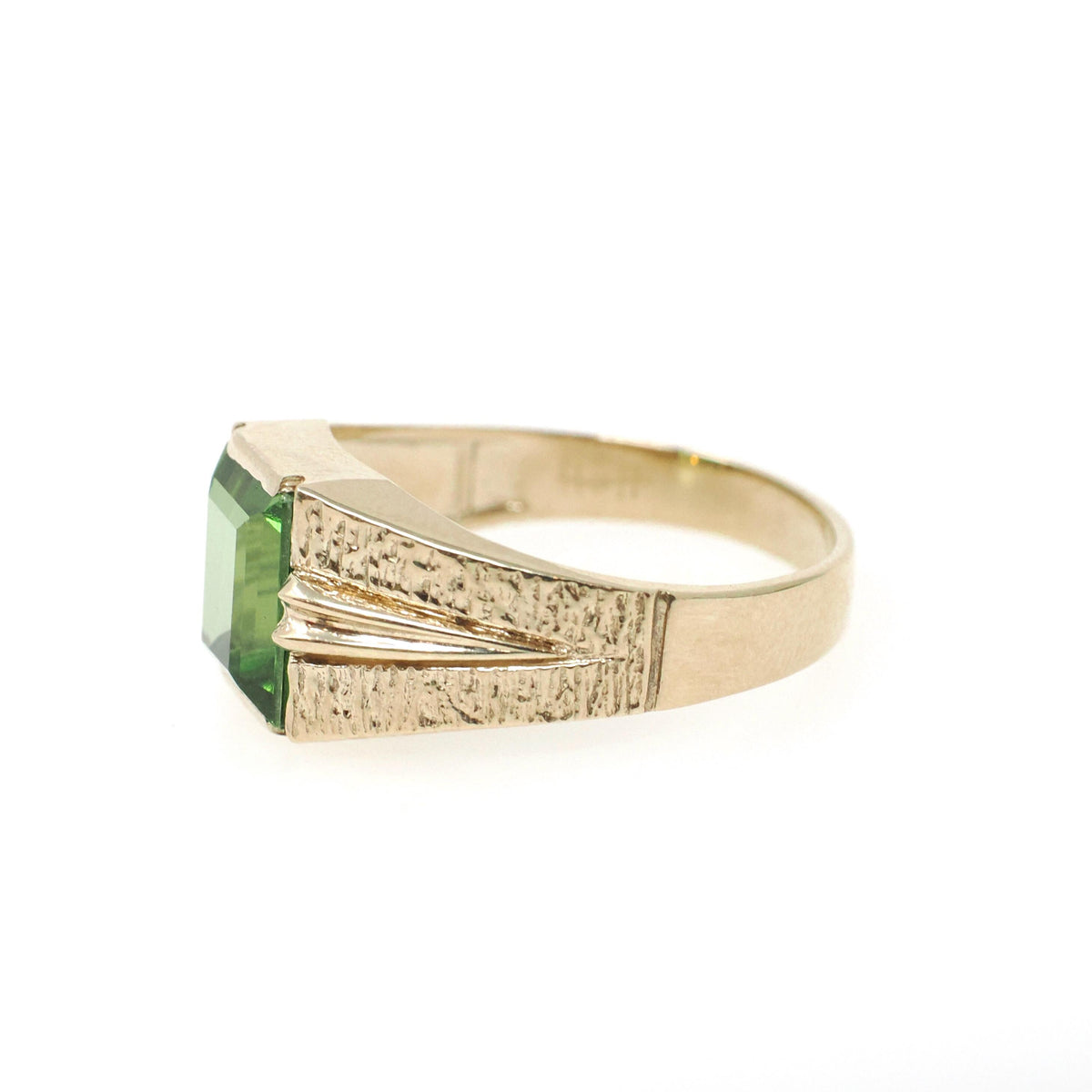 Spinel Triplet Ring - Modernist 10k Yellow Gold Green Synthetic Stone - Vintage Circa 1960s Era Size 7.25 Textured Style Fine Jewelry