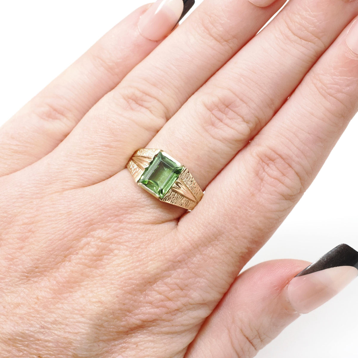Spinel Triplet Ring - Modernist 10k Yellow Gold Green Synthetic Stone - Vintage Circa 1960s Era Size 7.25 Textured Style Fine Jewelry