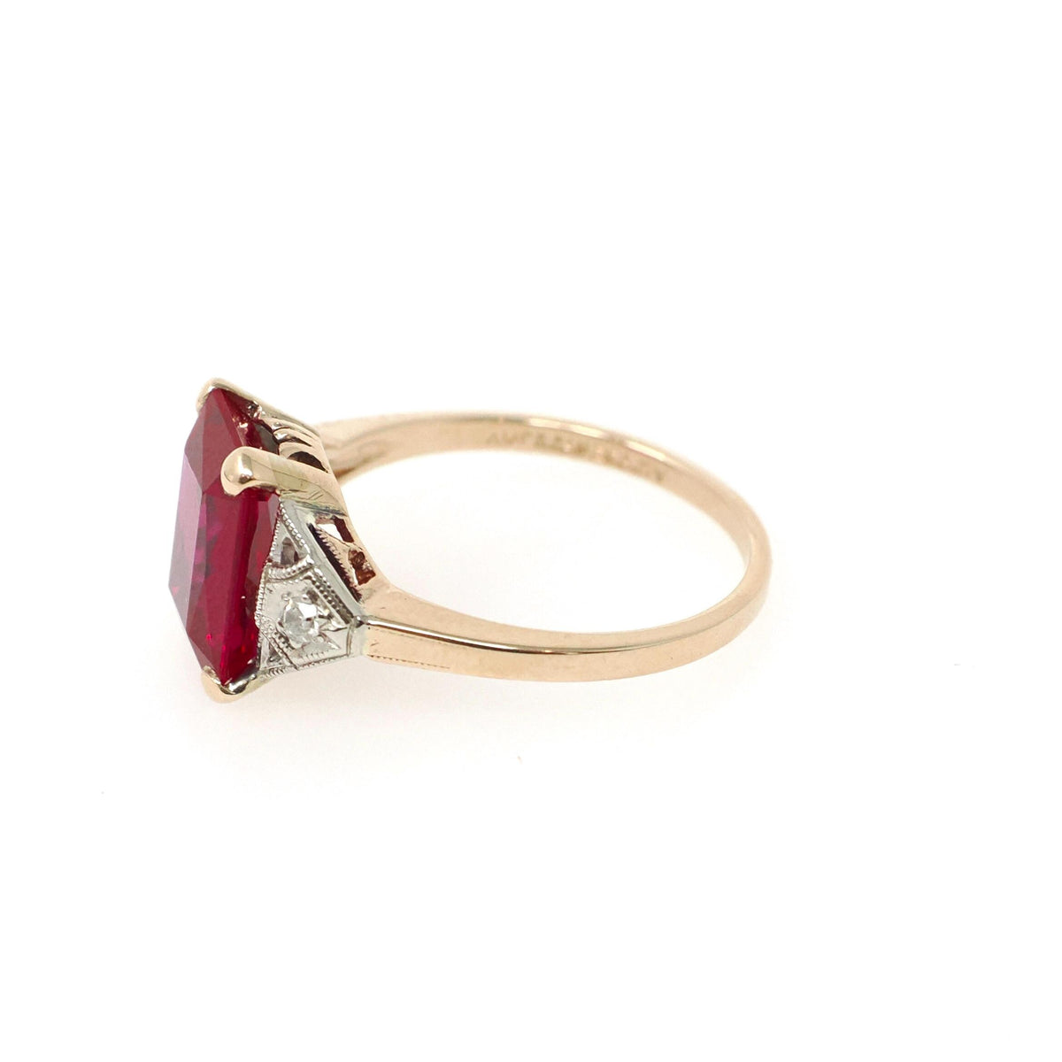 Created Ruby Ring - Retro 14k Yellow Gold Red Stone Natural Diamonds .04 CTW - Circa 1940s Size 6 1/4 Fine Two Tone July Birthstone Jewelry
