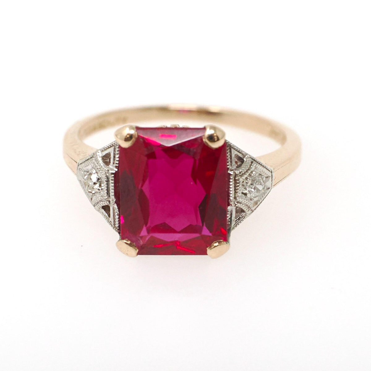 Created Ruby Ring - Retro 14k Yellow Gold Red Stone Natural Diamonds .04 CTW - Circa 1940s Size 6 1/4 Fine Two Tone July Birthstone Jewelry