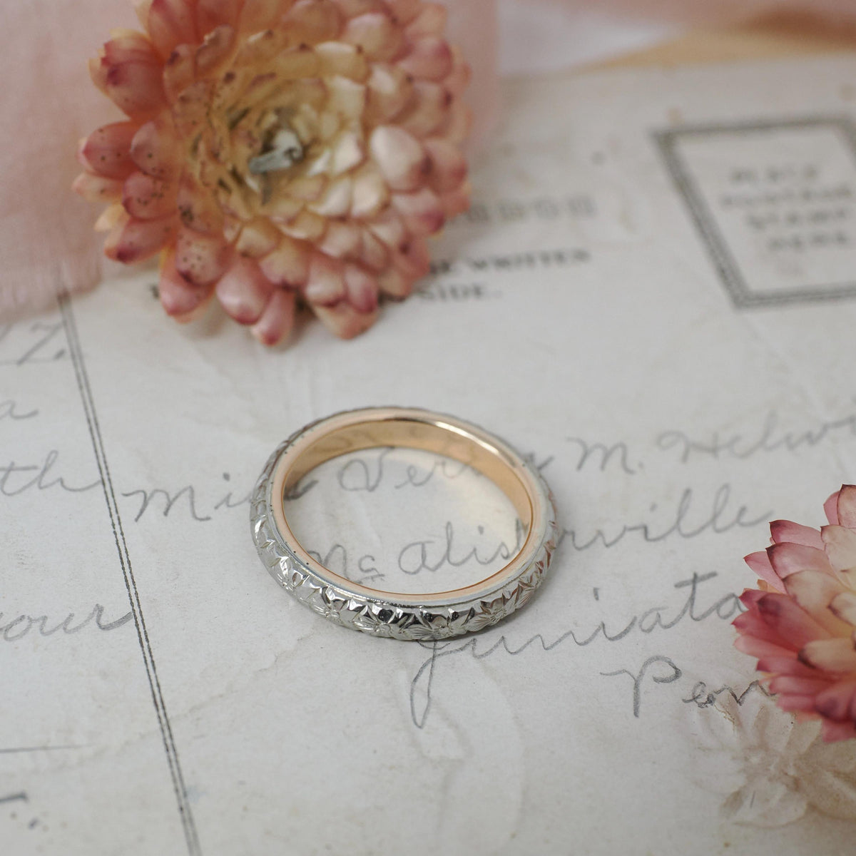 Vintage Flower Band - Art Deco 18k Rose & White Gold Orange Blossom Design Ring - Circa 1930s Era Size 7 Two Tone Fine Statement Jewelry