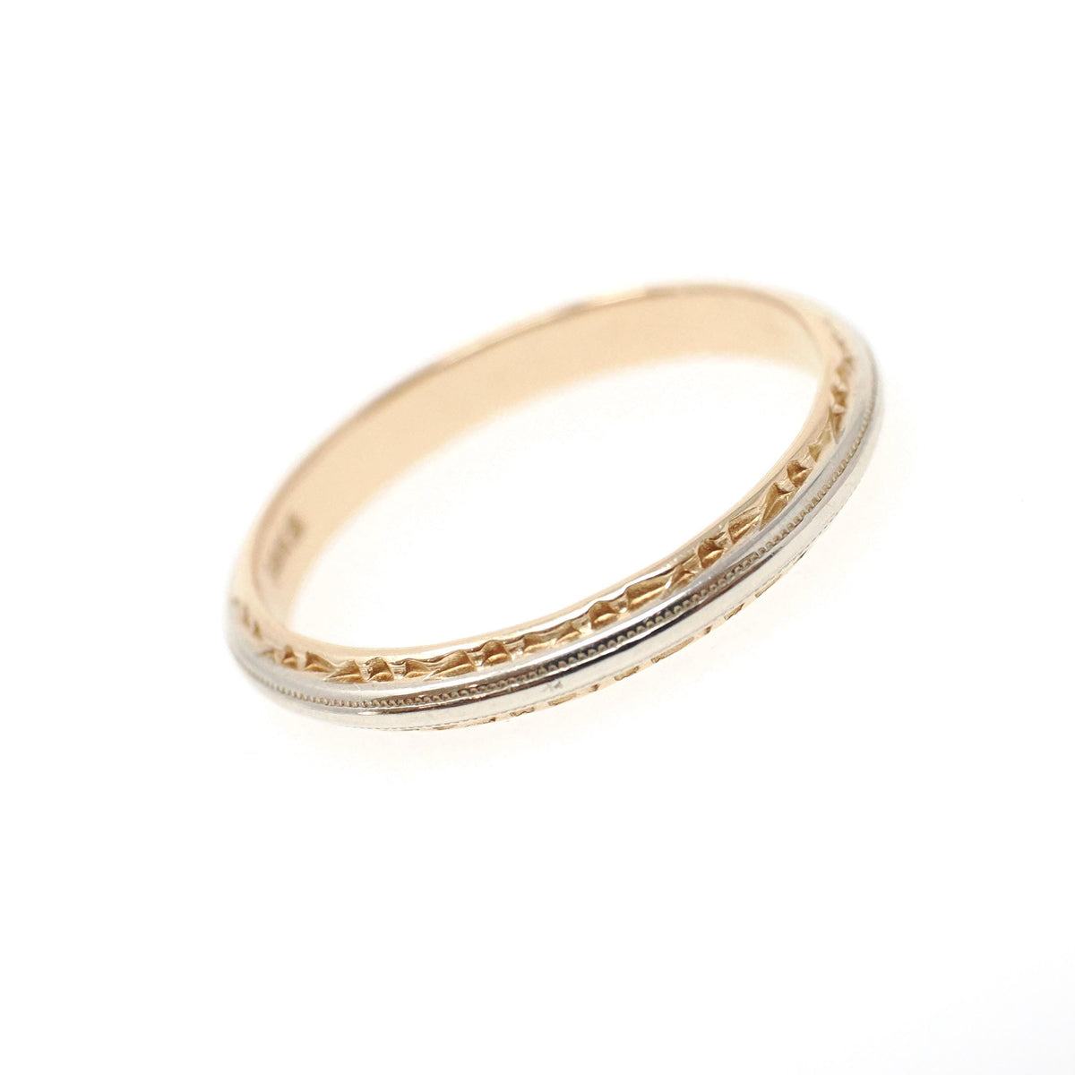 Two Tone Wedding Ring - Retro 14k Yellow & White Gold Domed 2.6MM Bridal Band - Vintage Circa 1940s Era Size 7 Textured Design Fine Jewelry