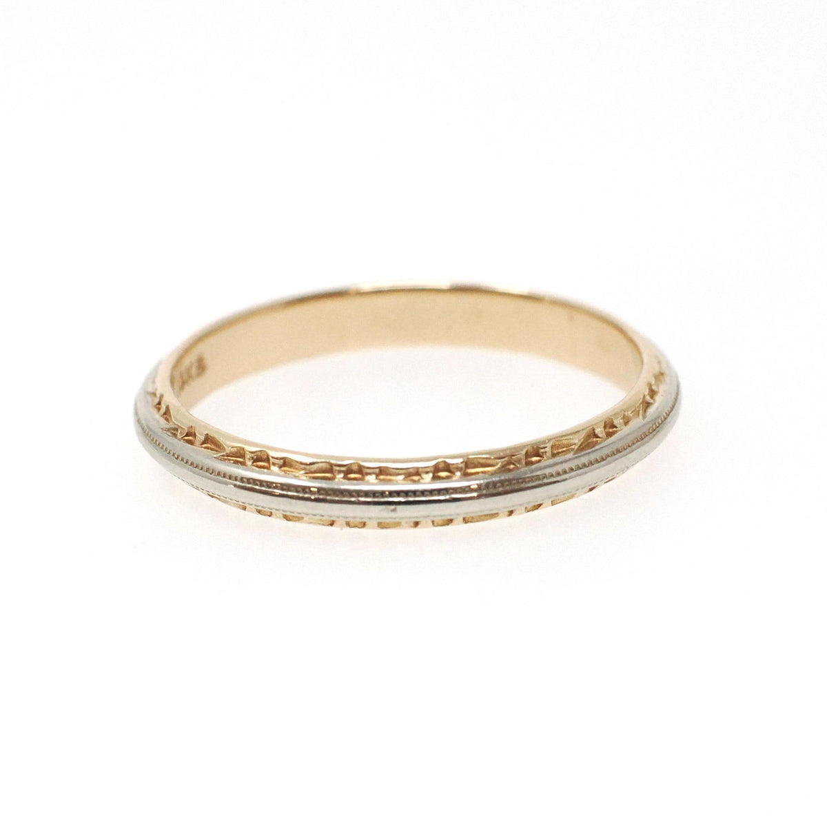 Two Tone Wedding Ring - Retro 14k Yellow & White Gold Domed 2.6MM Bridal Band - Vintage Circa 1940s Era Size 7 Textured Design Fine Jewelry