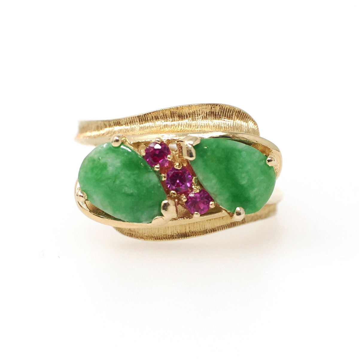 Jadeite & Ruby Ring - Modernist 14k Yellow Gold Natural Green Gemstone Created Ruby Bypass - Circa 1970s Era Size 5 1/4 Fine Jewelry