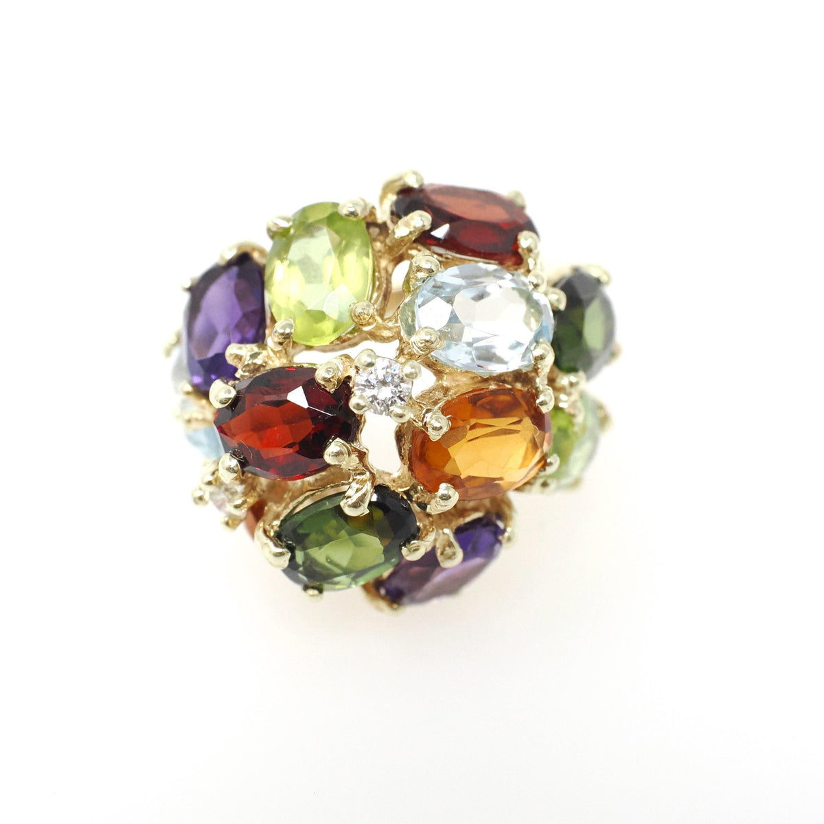 Multi-Gemstone Ring - Contemporary 14k Yellow Gold Natural Peridot Amethyst Citrine - Circa 2000's Size 6 Garnet Diamond Dome Jewelry
