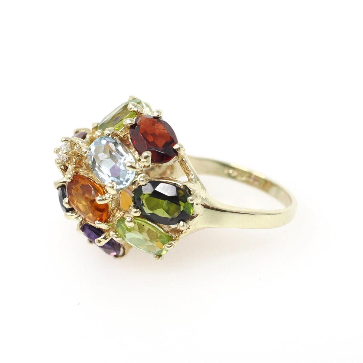 Multi-Gemstone Ring - Contemporary 14k Yellow Gold Natural Peridot Amethyst Citrine - Circa 2000's Size 6 Garnet Diamond Dome Jewelry