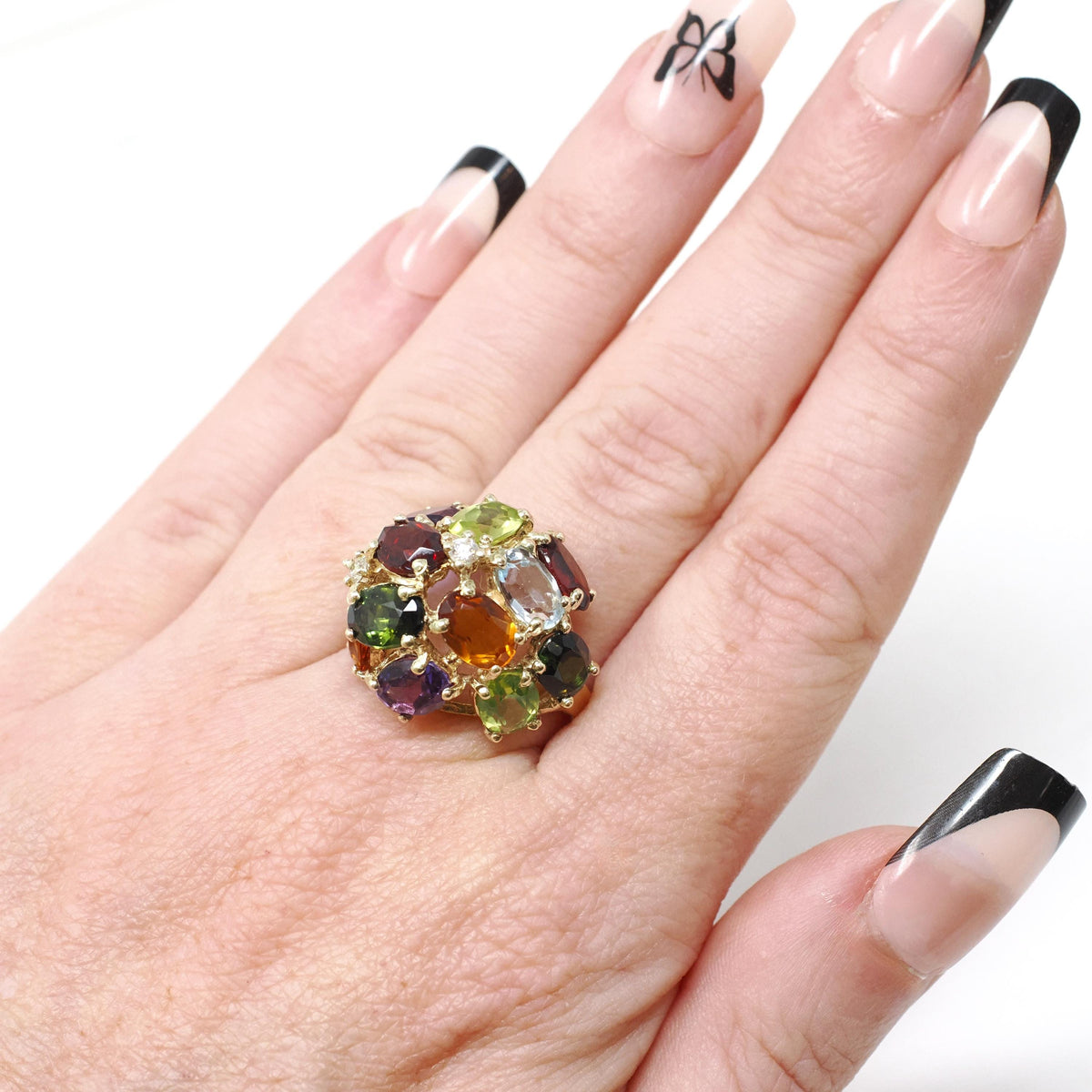 Multi-Gemstone Ring - Contemporary 14k Yellow Gold Natural Peridot Amethyst Citrine - Circa 2000's Size 6 Garnet Diamond Dome Jewelry