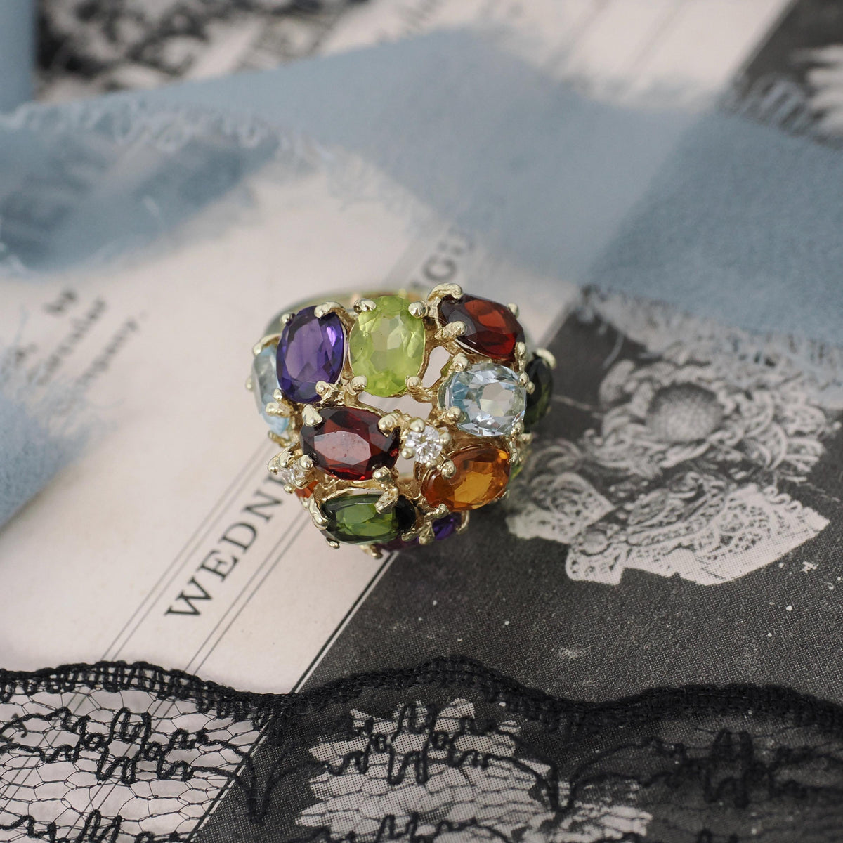 Multi-Gemstone Ring - Contemporary 14k Yellow Gold Natural Peridot Amethyst Citrine - Circa 2000's Size 6 Garnet Diamond Dome Jewelry