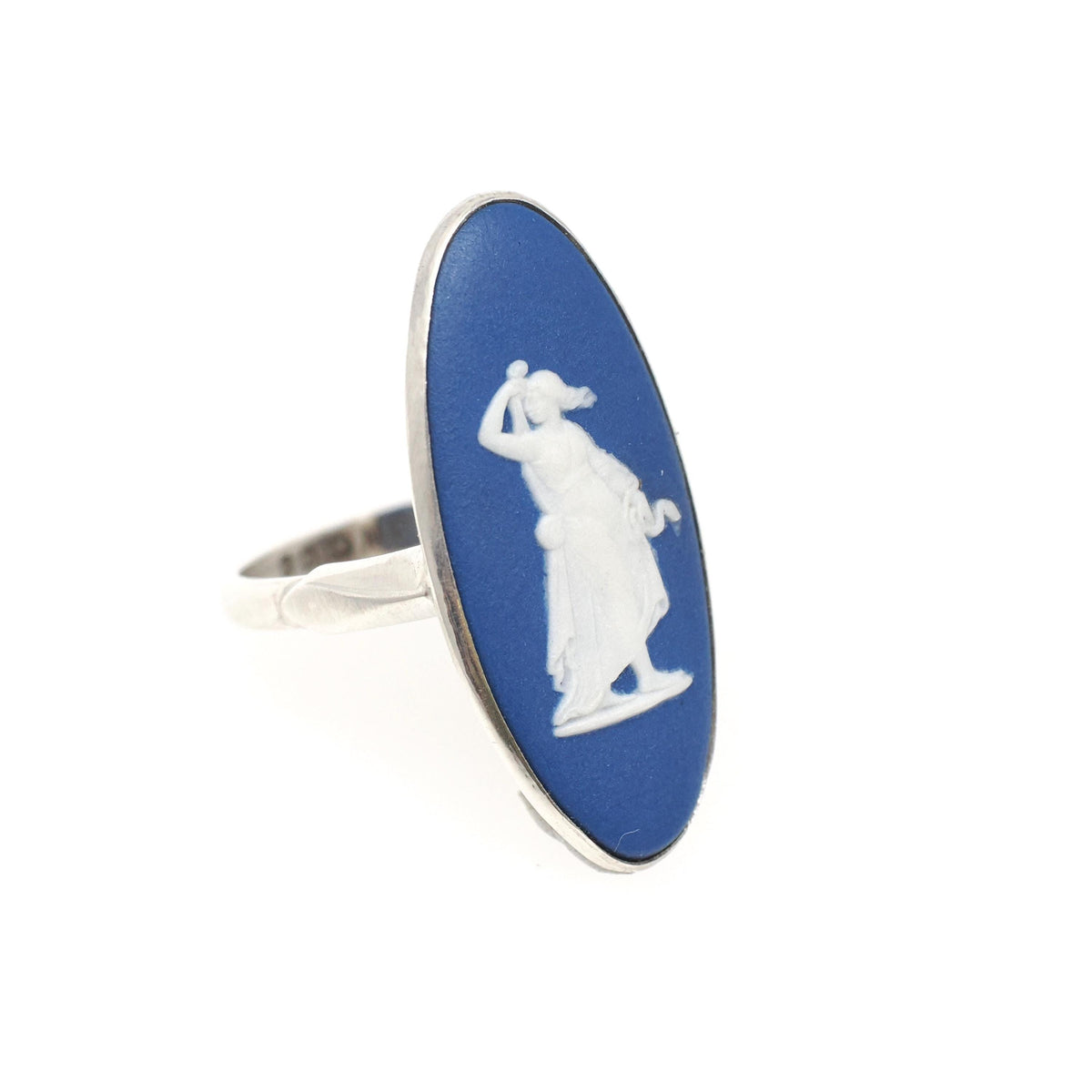 Vintage Wedgwood Ring - Modernist Sterling Silver Hygieia Cameo Dark Blue Jasperware - Hallmarked 1976 Size 7 1/4 London England Jewelry