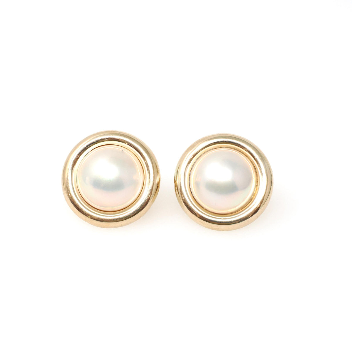 Mabe Pearl Earrings - Contemporary 14k Yellow Gold Round Bezel Omega Back Statement Studs - Circa 1990s Era June Birthstone Fine Jewelry