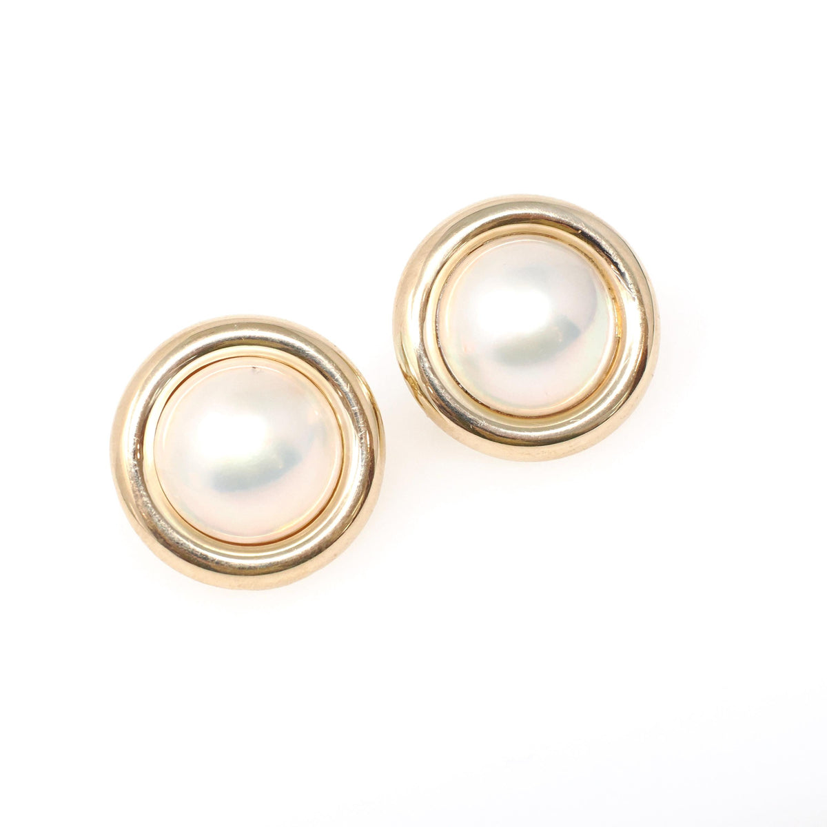 Mabe Pearl Earrings - Contemporary 14k Yellow Gold Round Bezel Omega Back Statement Studs - Circa 1990s Era June Birthstone Fine Jewelry