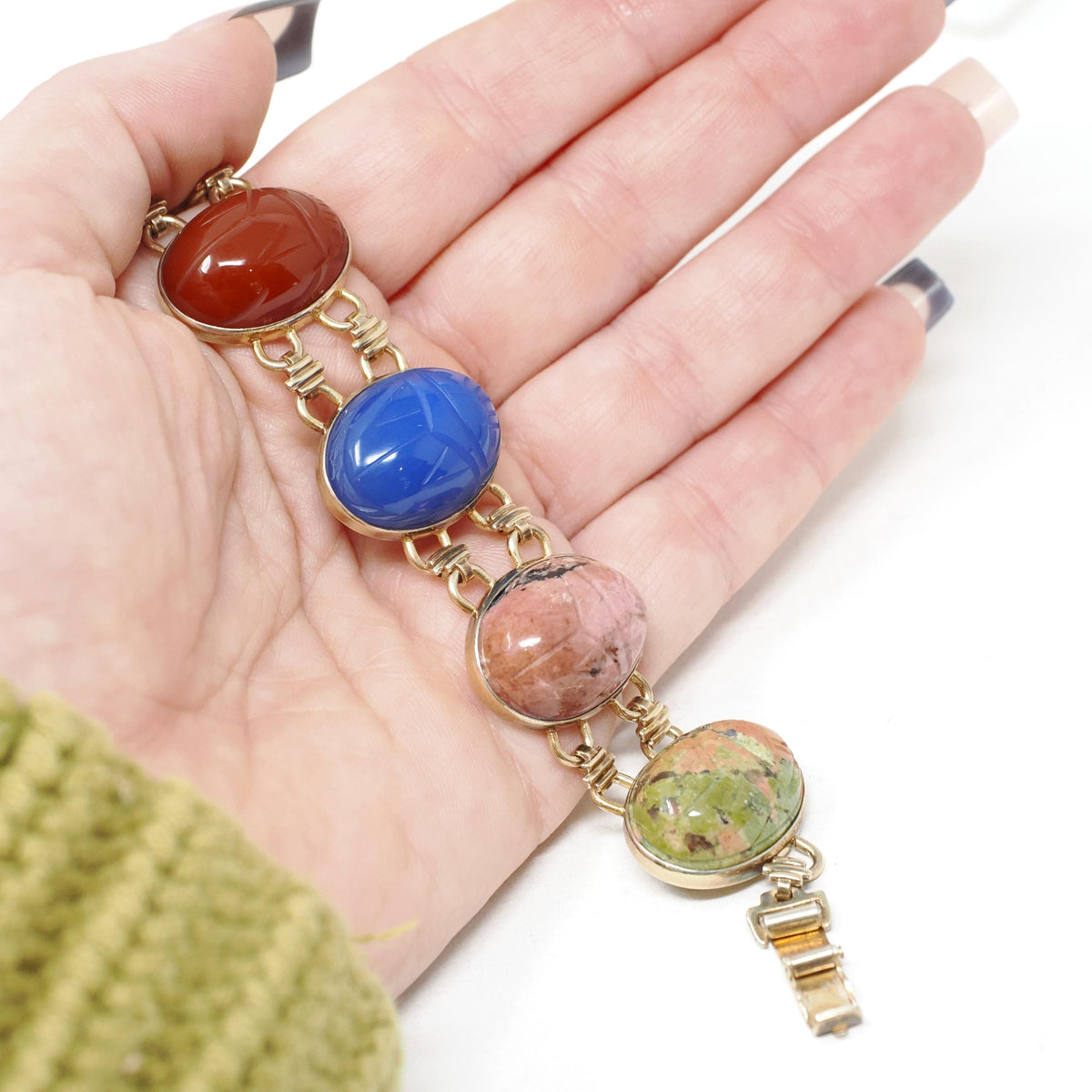 Vintage Scarab Bracelet - 14k Gold Filled Carved Natural Banded Agate Rhodonite Unakite Gems - Circa 1960s Era Egyptian Revival Jewelry