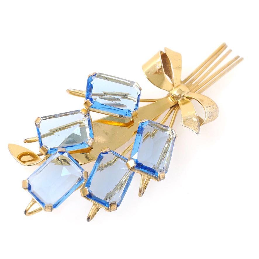 Vintage Bouquet Brooch - Retro Gold Wash On Sterling Silver Blue Glass Spray Pin - Circa 1940s Era Bow Leaf Motif Fashion Accessory Jewelry