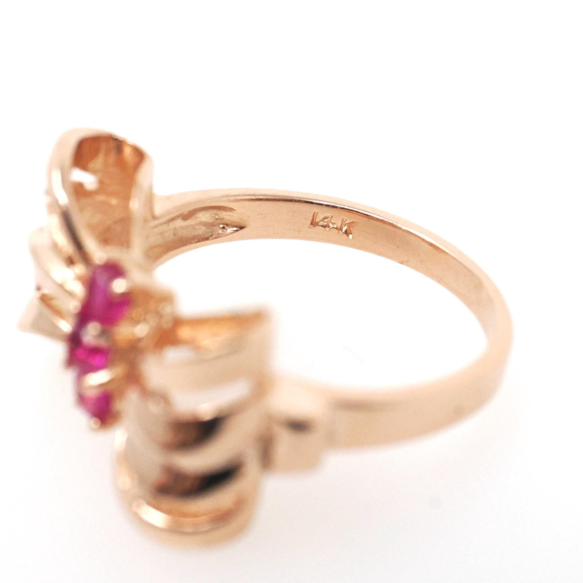 Vintage Bow Ring - Retro Era 14k Rose Gold Created Red Ruby Gemstone Trio - Circa 1940s Era Size 6 Ribbon July Birthstone Fine Jewelry