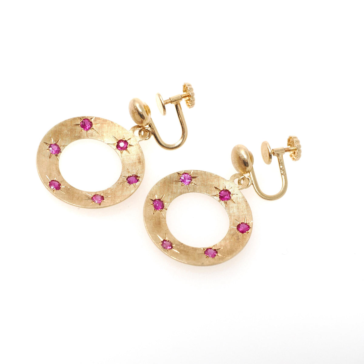 Screwback Ruby Earrings - Modernist 14k Yellow Gold .84 TW Natural Gems Open Circle Dangle Drops - Circa 1970s July Birthstone Fine Jewelry
