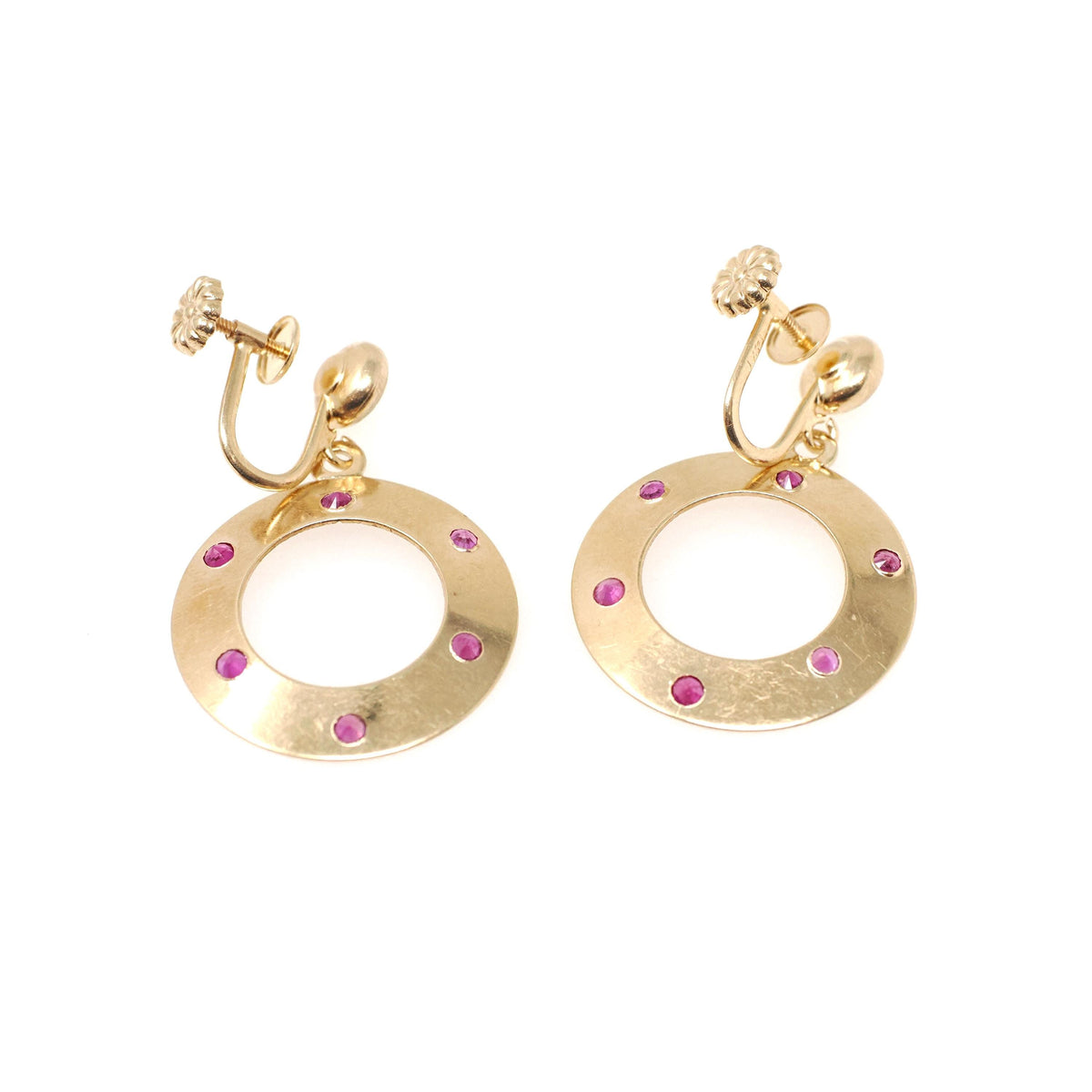 Screwback Ruby Earrings - Modernist 14k Yellow Gold .84 TW Natural Gems Open Circle Dangle Drops - Circa 1970s July Birthstone Fine Jewelry