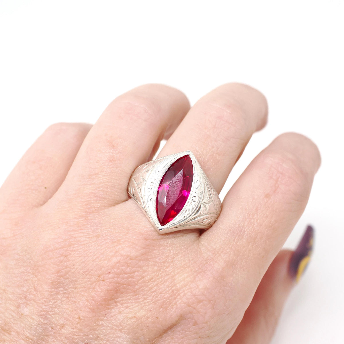 Created Ruby Ring - Vintage Art Deco Silver Marquise Cut 4.00 CT Statement Navetted Shield - Circa 1930s Size 11 1/2 July Birthstone Jewelry