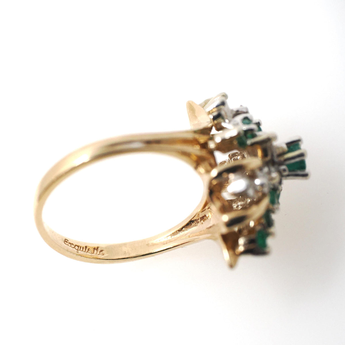 Emerald & Diamond Ring - Vintage 14k Yellow And White Gold Bypass Navette Shield - Bold Gold 1980s Era Size 5.25 May Birthstone Fine Jewelry