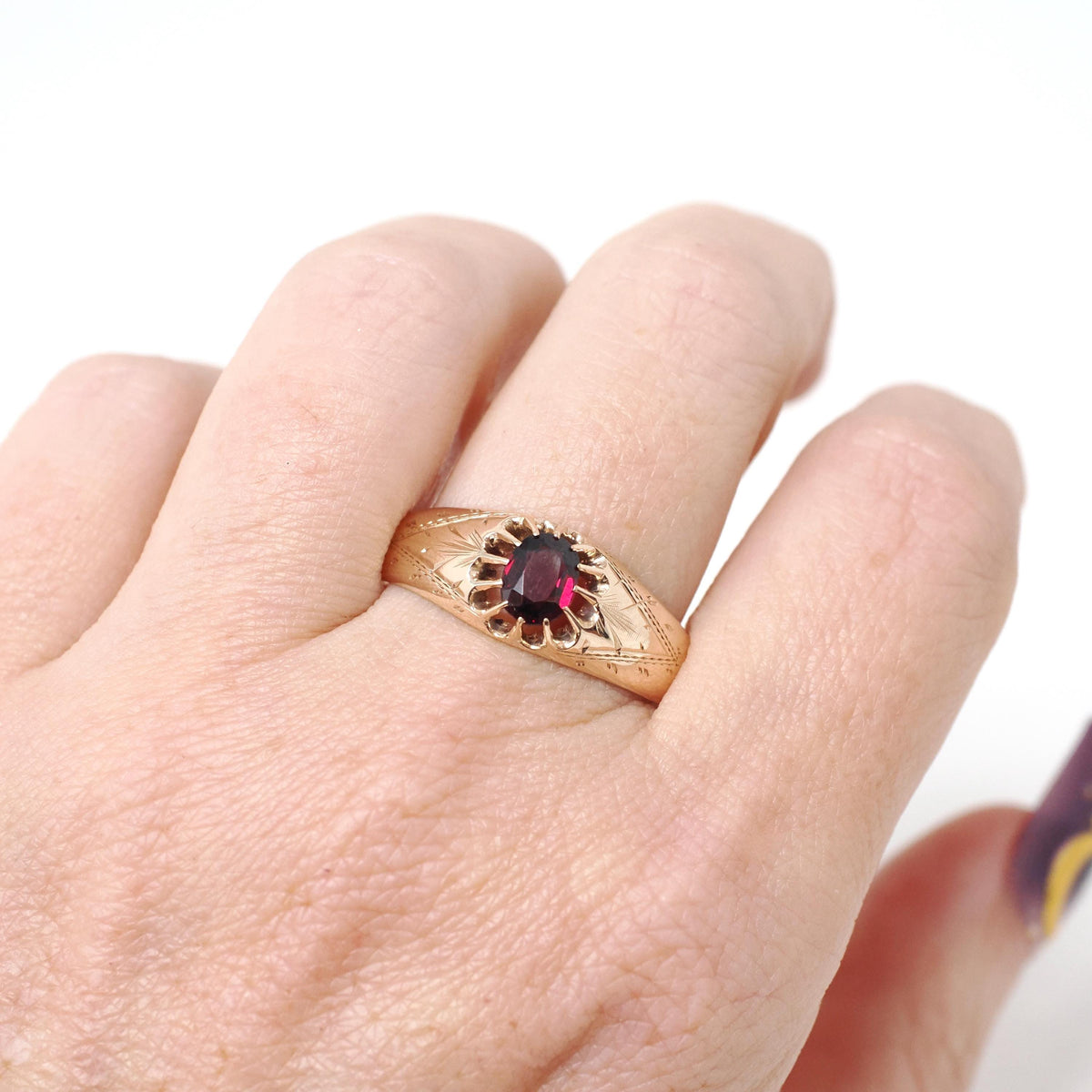 Edwardian Belcher Ring - Antique 8k Yellow Gold Red Garnet Gemstone - Circa 1900s Size 12 Solitaire Unisex Fine January Birthstone Jewelry
