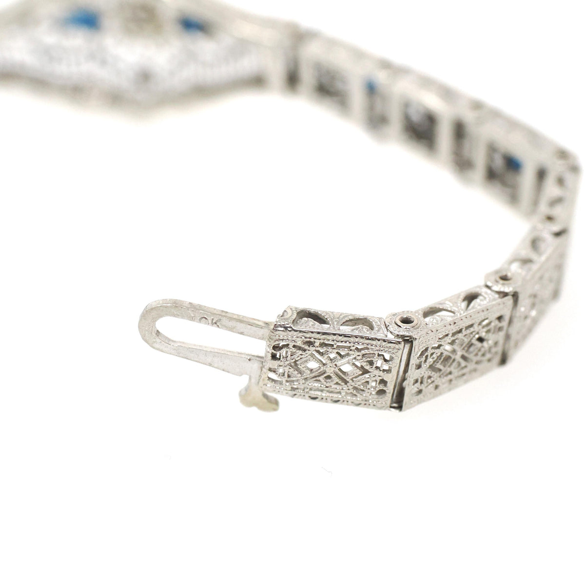 Art Deco Bracelet - Vintage 10k White Gold Natural Diamonds Blue Glass Filigree Links - Vintage Circa 1930s Simulated Sapphire Fine Jewelry