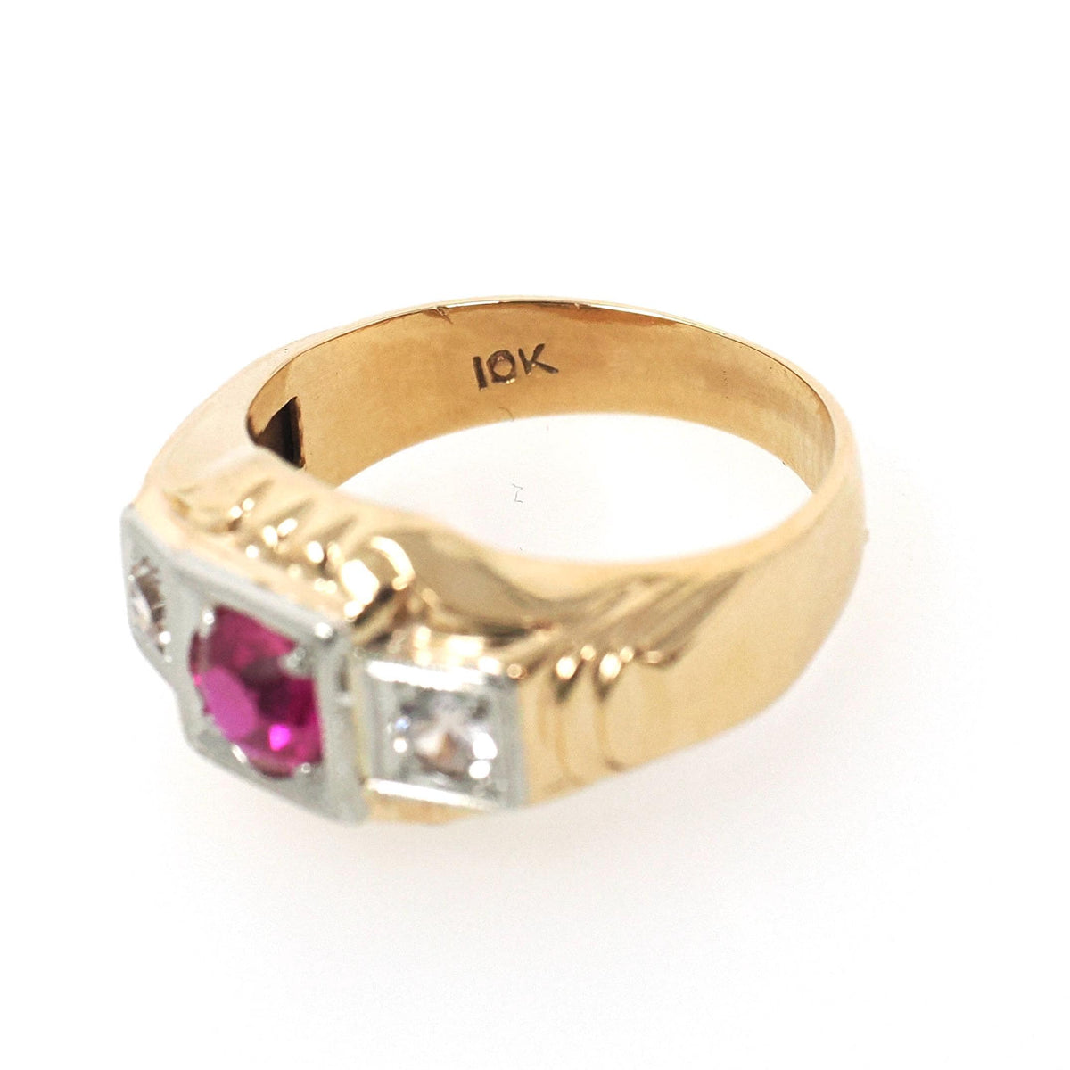 Vintage Statement Ring - Retro 10k Yellow White Gold Synthetic Ruby White Sapphires - Circa 1940s Era Size 7 1/4 Two Tone Fine 40s Jewelry
