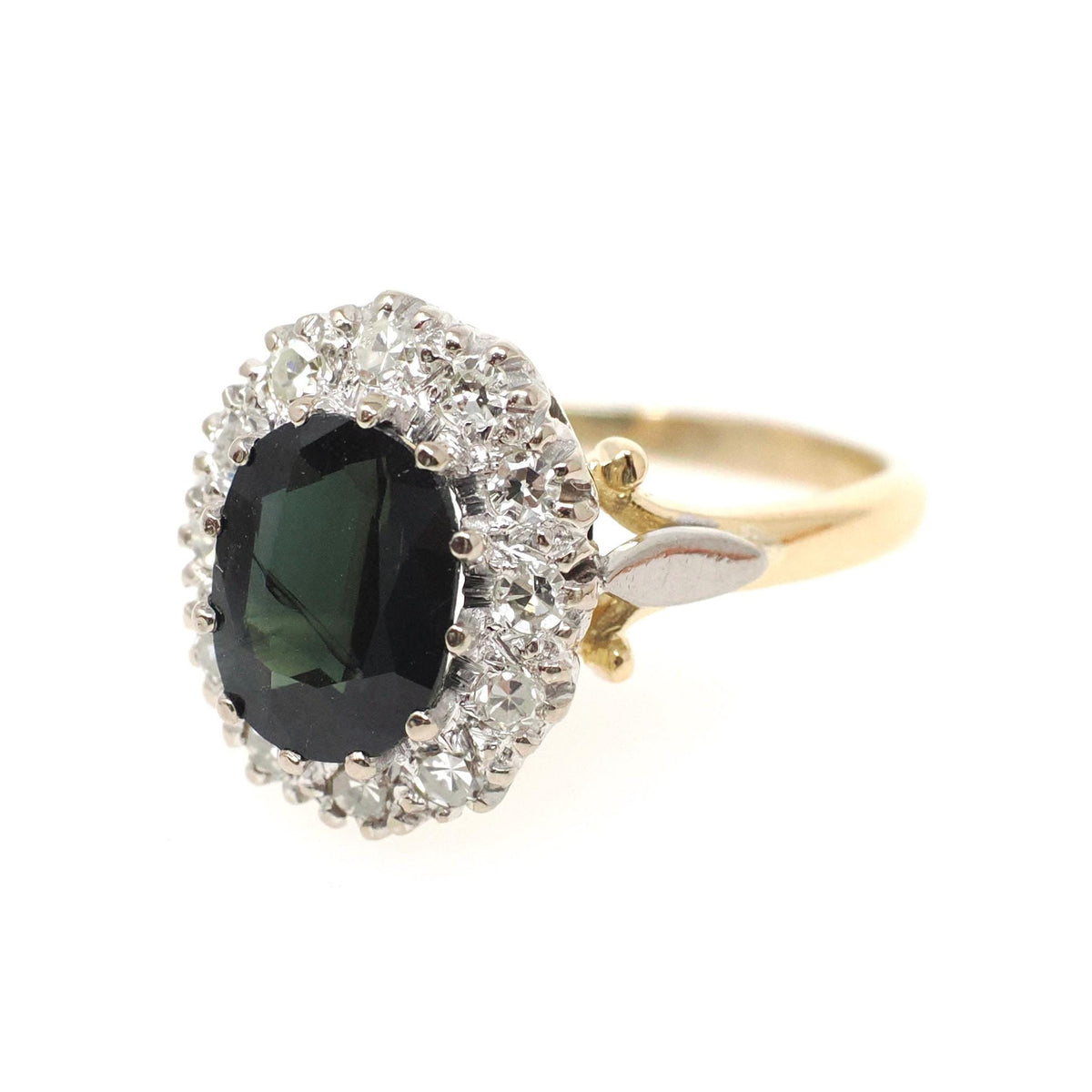 Green Sapphire Engagement Ring - Modernist 1970s 18k Yellow & White Gold Green Sapphire Gemstone .30 CTW Diamonds - Size 7 Halo Fine Jewelry