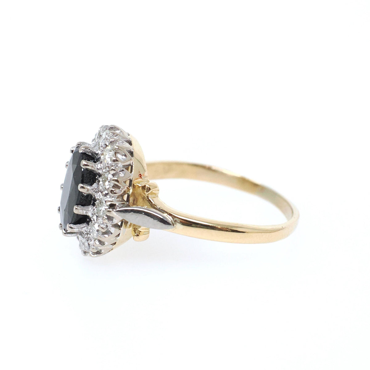 Green Sapphire Engagement Ring - Modernist 1970s 18k Yellow & White Gold Green Sapphire Gemstone .30 CTW Diamonds - Size 7 Halo Fine Jewelry