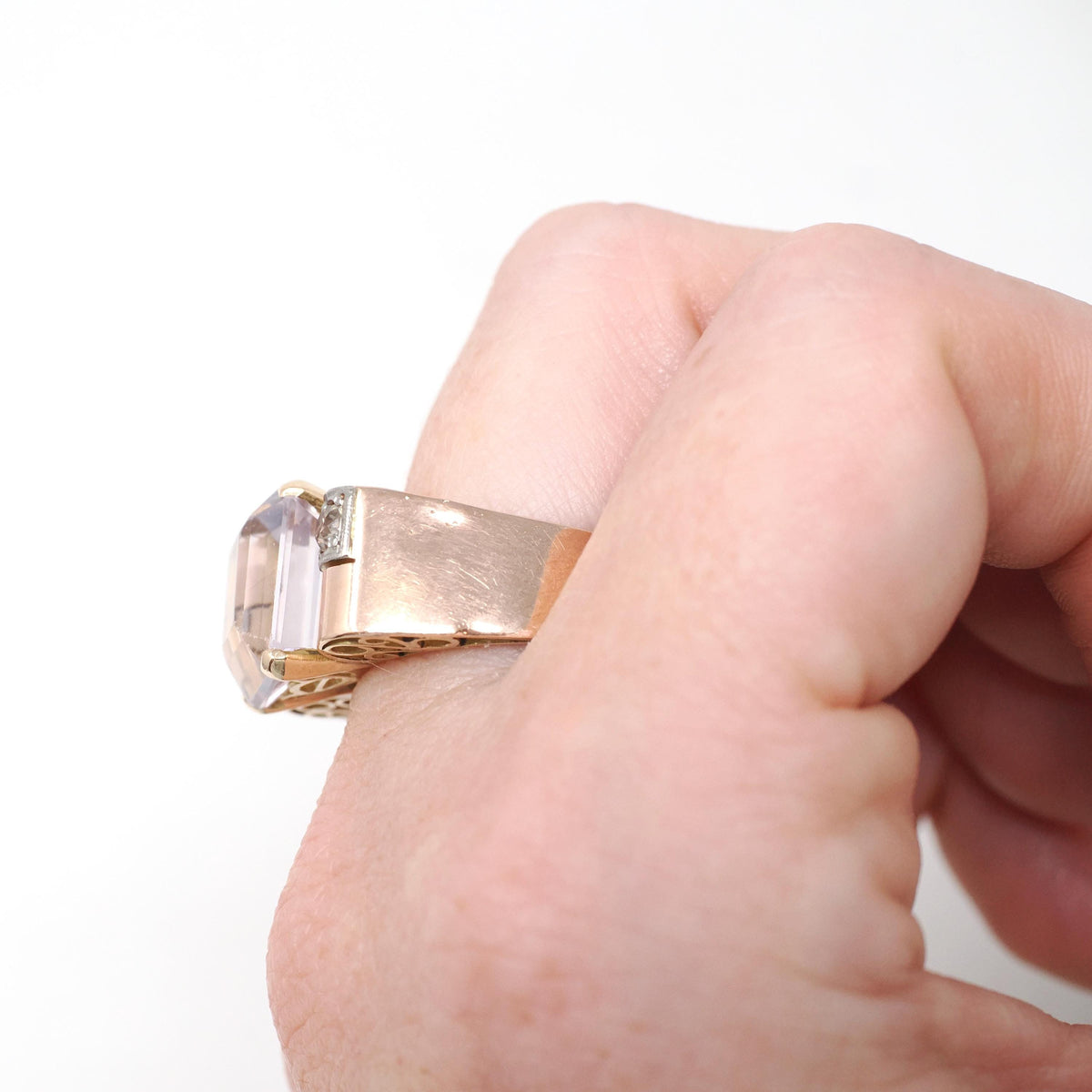 Amethyst Cocktail Ring - Retro 14k Rosy Gold Natural Emerald Cut Light Purple Gem - Circa 1940s Size 8 3/4 Fine February Birthstone Jewelry
