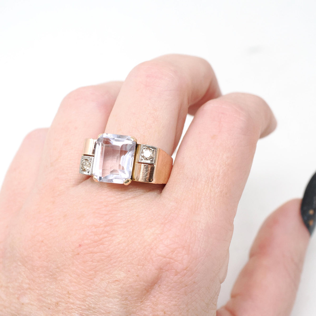 Amethyst Cocktail Ring - Retro 14k Rosy Gold Natural Emerald Cut Light Purple Gem - Circa 1940s Size 8 3/4 Fine February Birthstone Jewelry