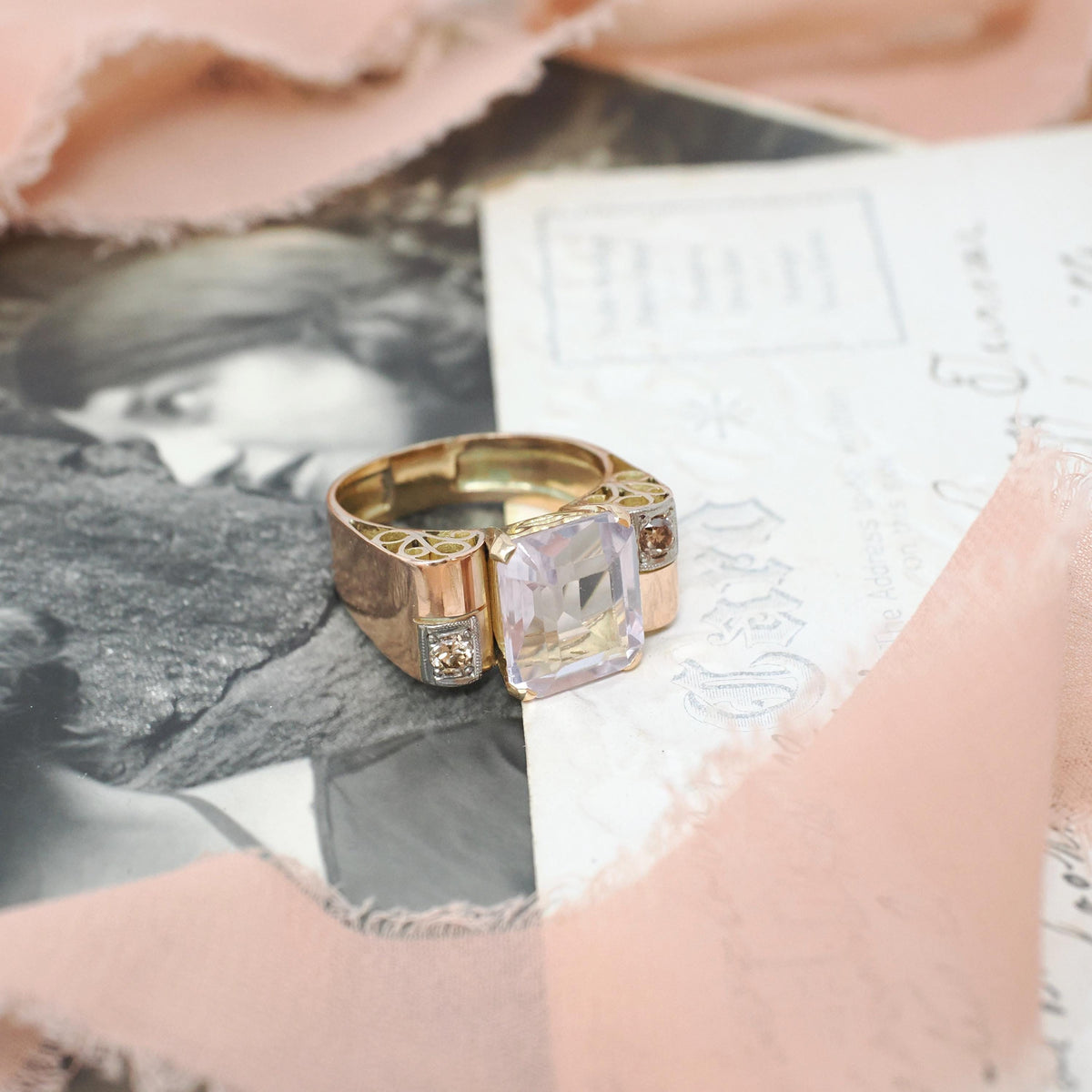 Amethyst Cocktail Ring - Retro 14k Rosy Gold Natural Emerald Cut Light Purple Gem - Circa 1940s Size 8 3/4 Fine February Birthstone Jewelry